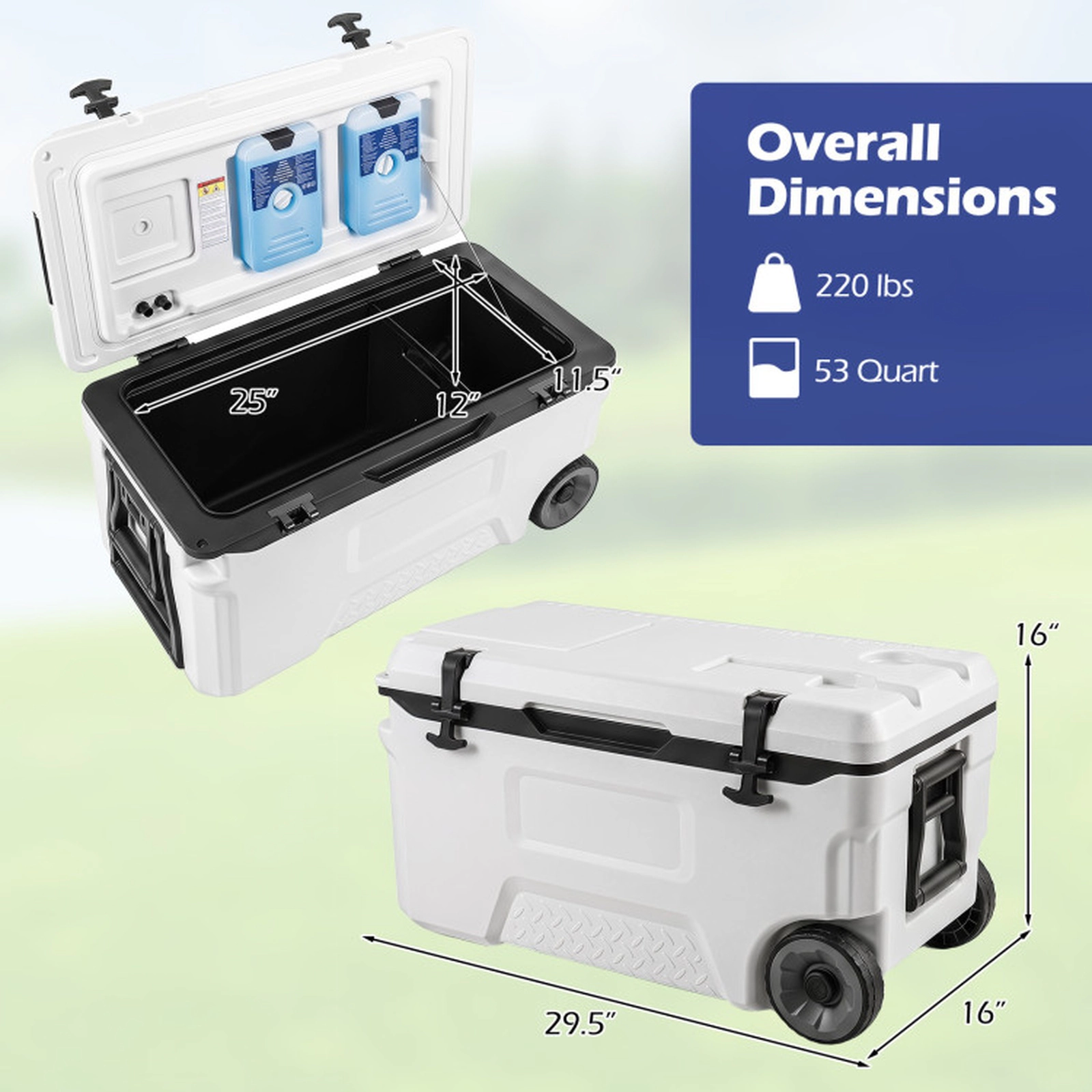 SUGIFT 53 Quart Rolling Insulated Cooler with 220-lb Load Capacity and Fish Ruler 29.5-in Body Black/White/Gray