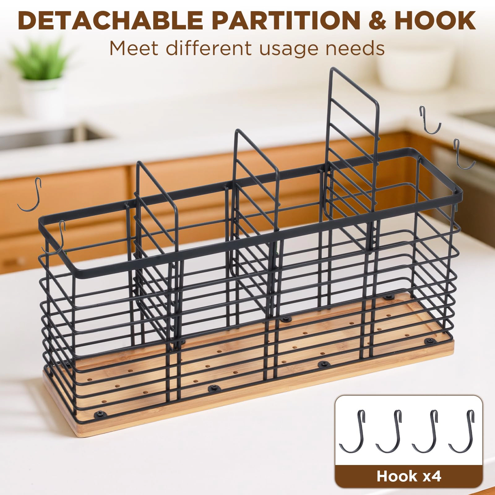 WZK Extra Large 40 Pcs Adjustable Compartment Wooden Base Kitchen Utensil Holder