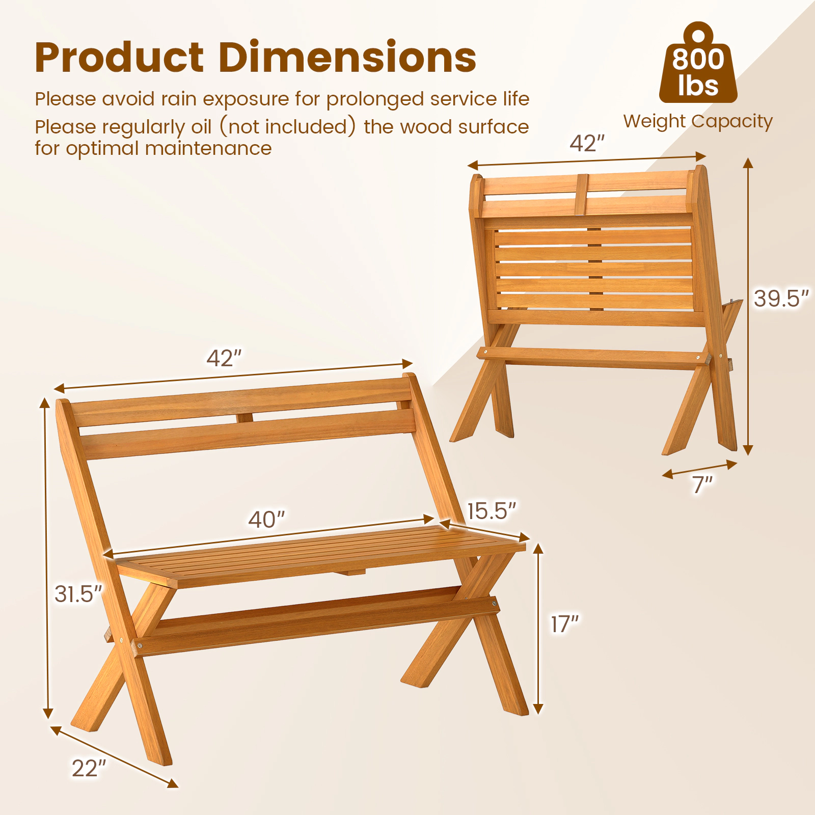 SUGIFT Folding 2-Person Acacia Wood Patio Garden Bench 800-lb Capacity 22 x 42 x 31.5 in Natural 1-Pc