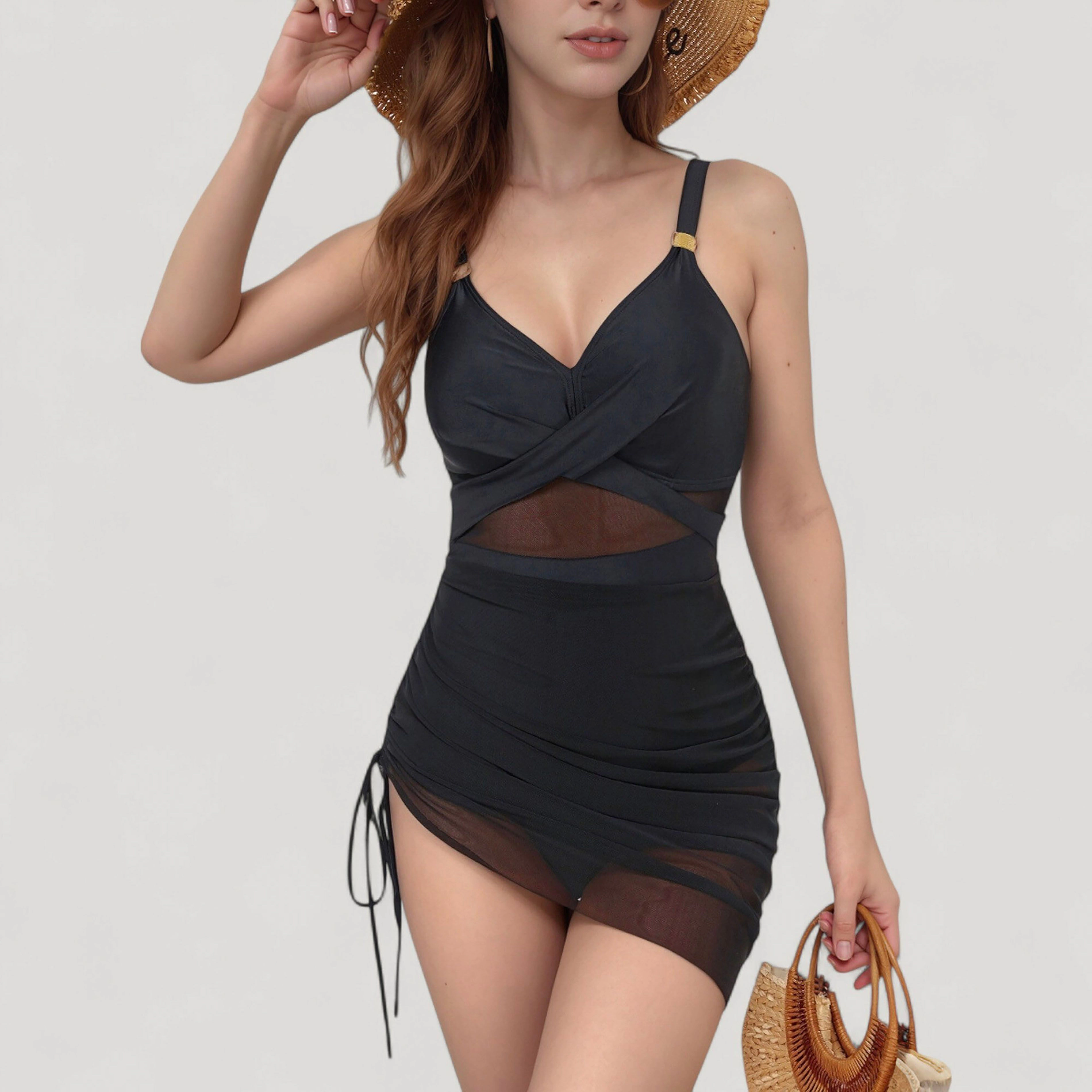 Anna-Kaci Women Ruched One-Piece Swim Dress - Mesh Waist, Adjustable Side Drawstring