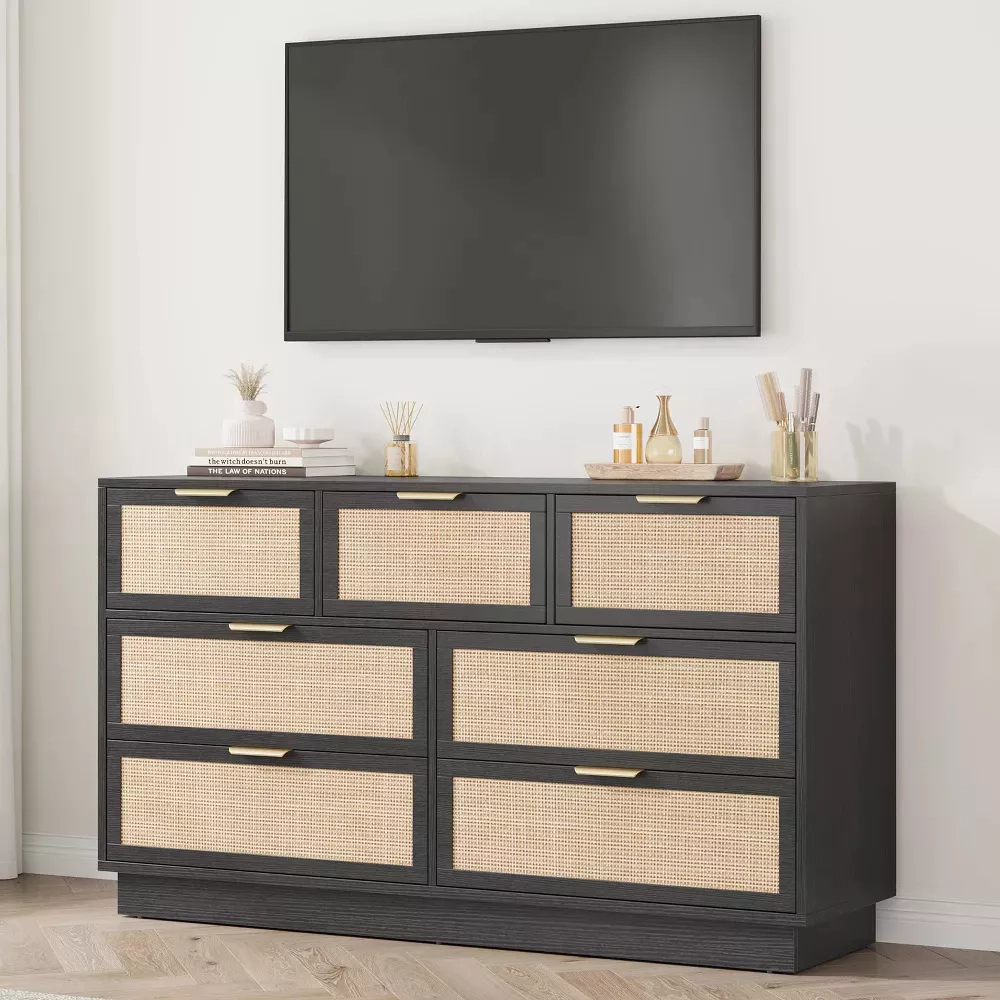 Rattan 7 Drawer Dresser with Metal Handles, 55" Wide Storage Chest for Bedroom Home Office