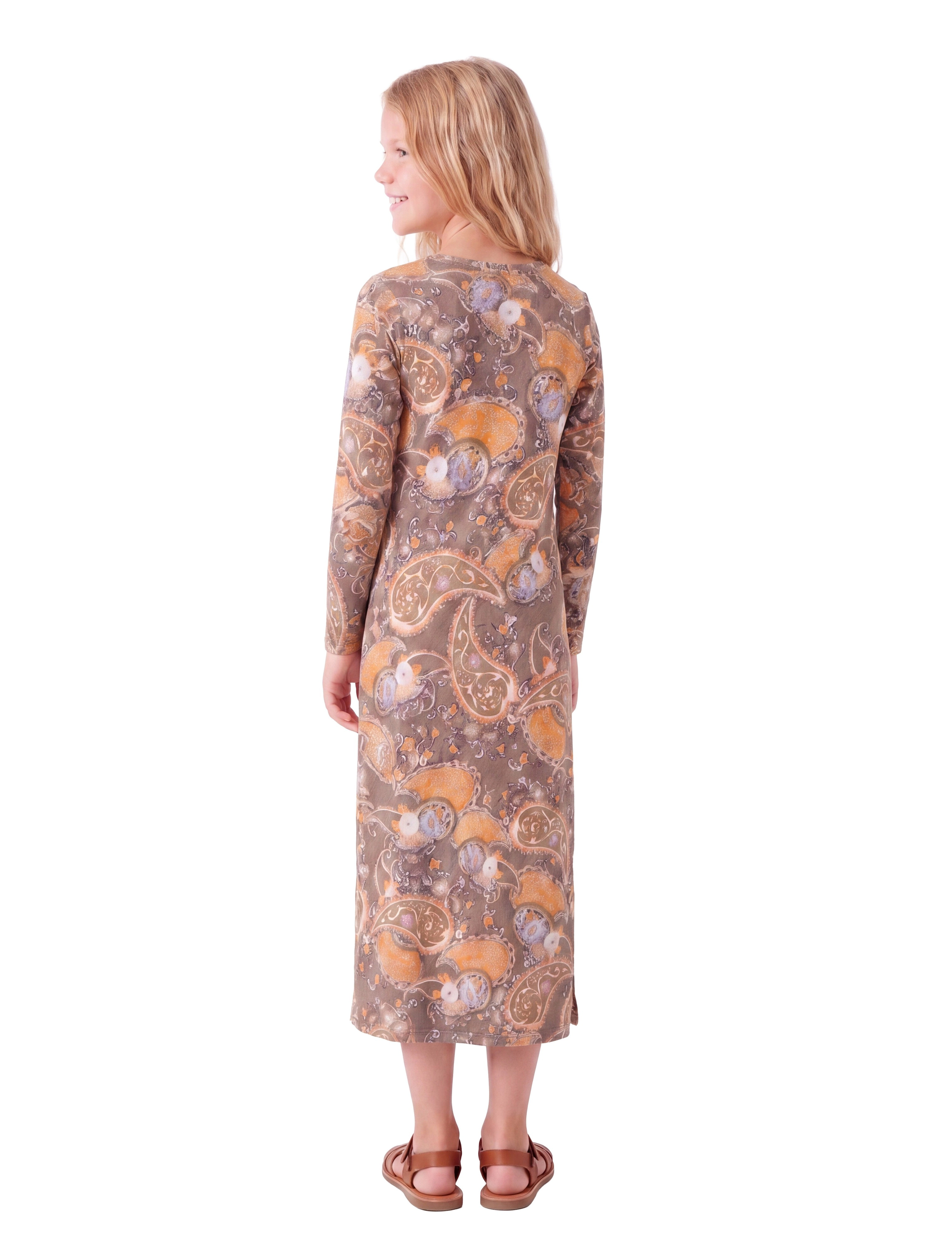 24sevenKid Essential Brown Fall Print Girls Long Sleeve Side Slit Maxi Dress
