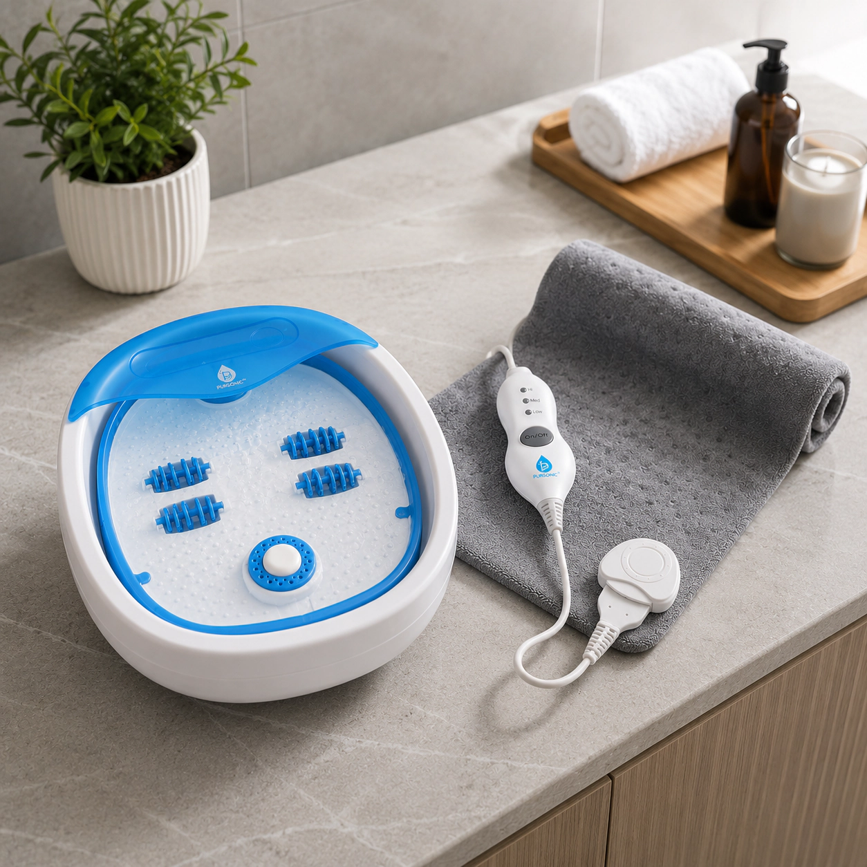 Pursonic Unisex Relaxation & Wellness Therapy Bundle with Electric Heating Pad & Collapsible Footbath Spa Massager