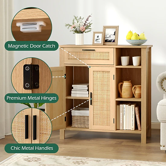 Hivvago Boho Buffet Sideboard Storage Cabinet With Drawer And Rattan Woven Doors