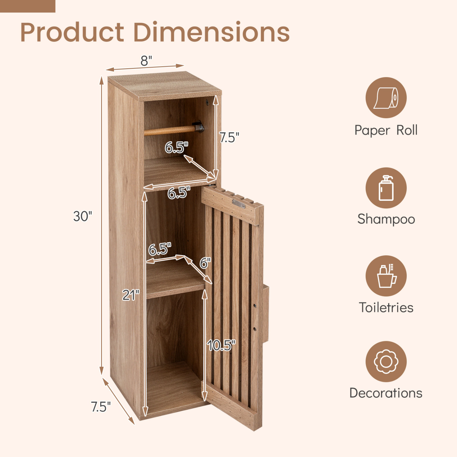 Glintex Slim Toilet Paper Holder Stand with Hidden 2-Tier Cabinet and Slat Door, Natural