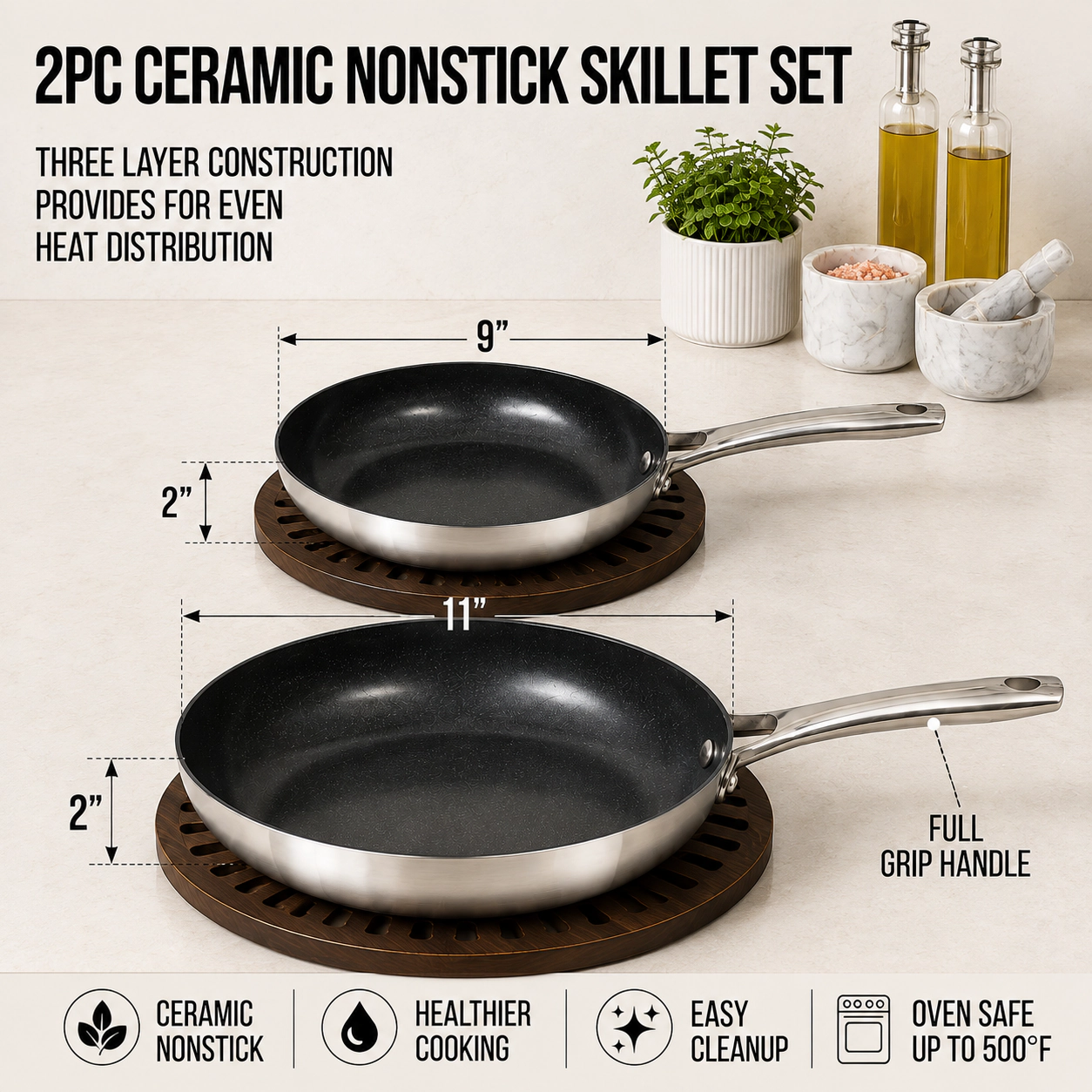 CoreClad Tri-Ply Stainless Steel Skillet Set, 2 Piece, Seville, 9" and 11"
