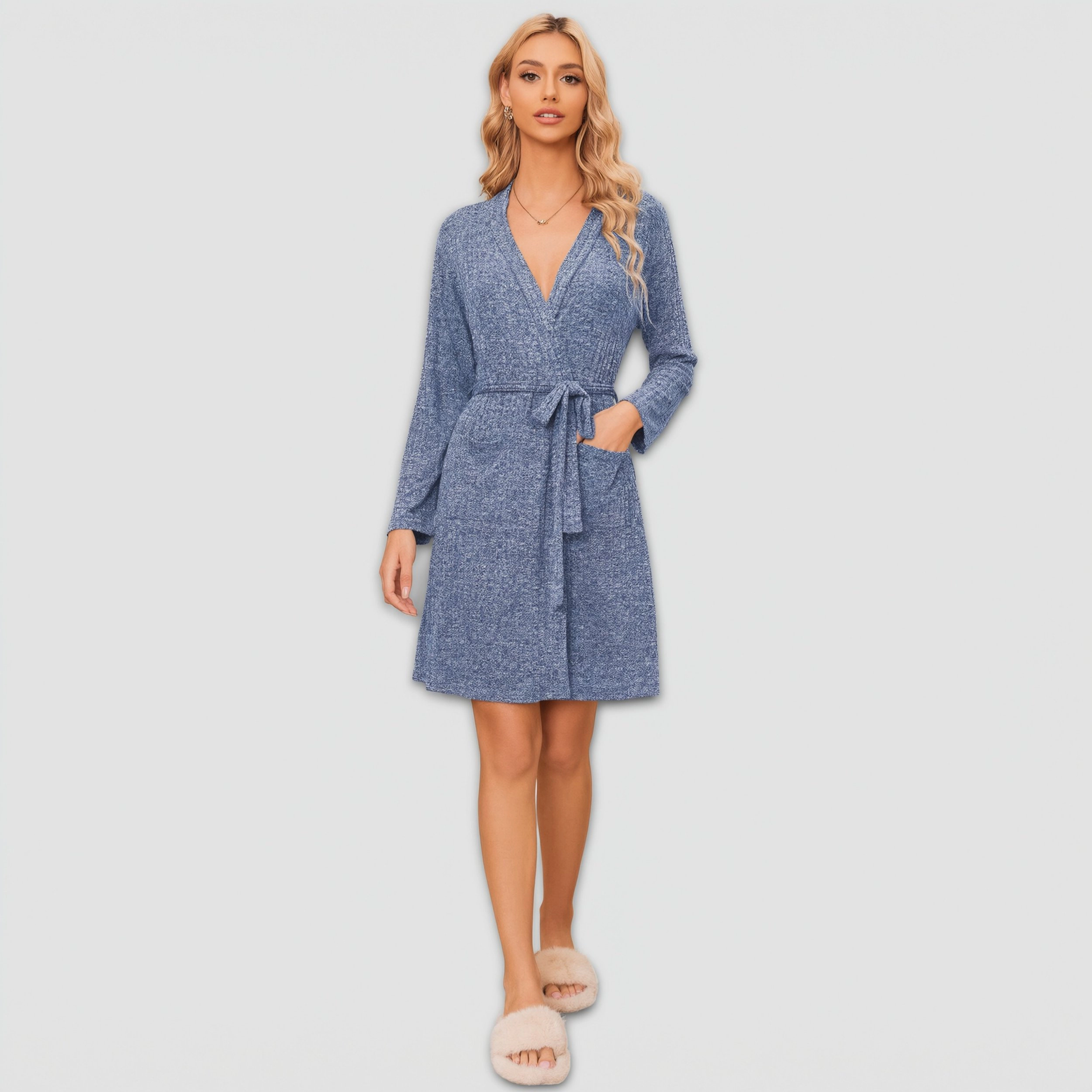 Ekouaer Women Robe Ribbed Knit Soft Bathrobe Knee Length Robes Stretchy Short Sleepwear