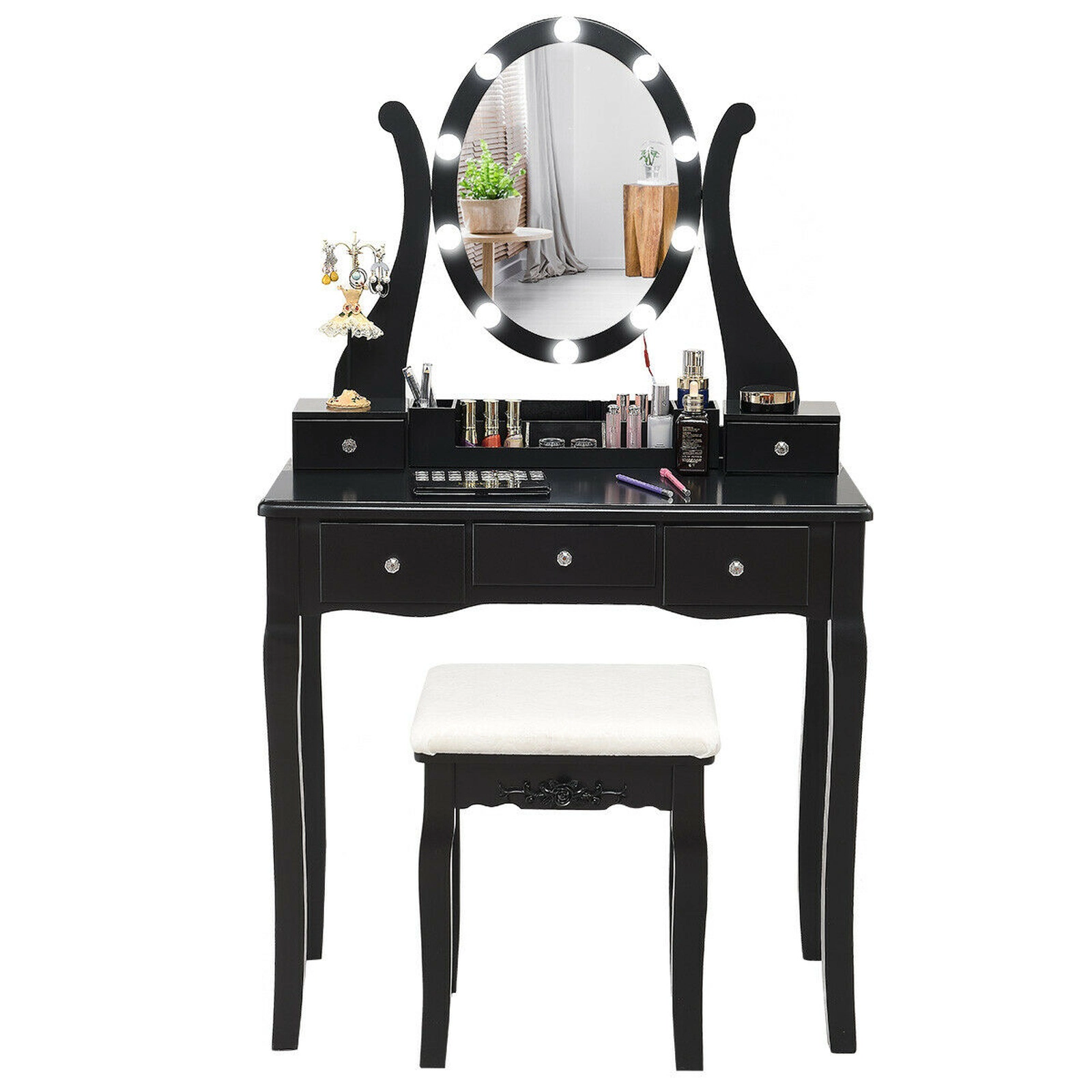 SUGIFT 10 Dimmable Lights Vanity Table Set with Lighted Mirror and Cushioned Stool 287-lb Table Capacity Black