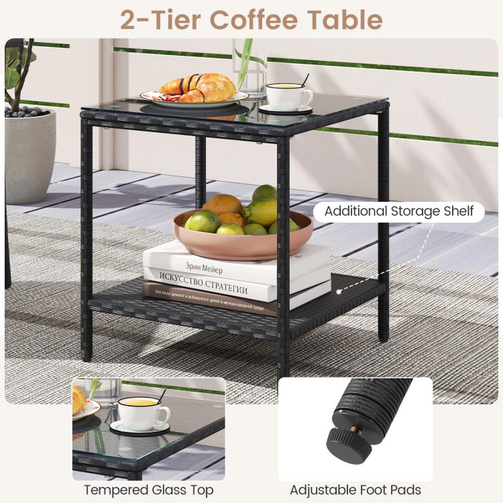 SUGIFT Seat Cushions and 2-Tier Side Table 3-Piece Patio Rattan Chair Set