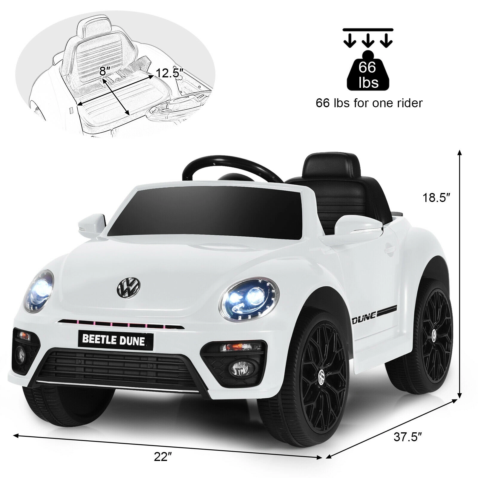 SUGIFT Volkswagen Beetle Kids Electric Ride On Car with Remote Control 66-lb Capacity Ages 36-96 Months White