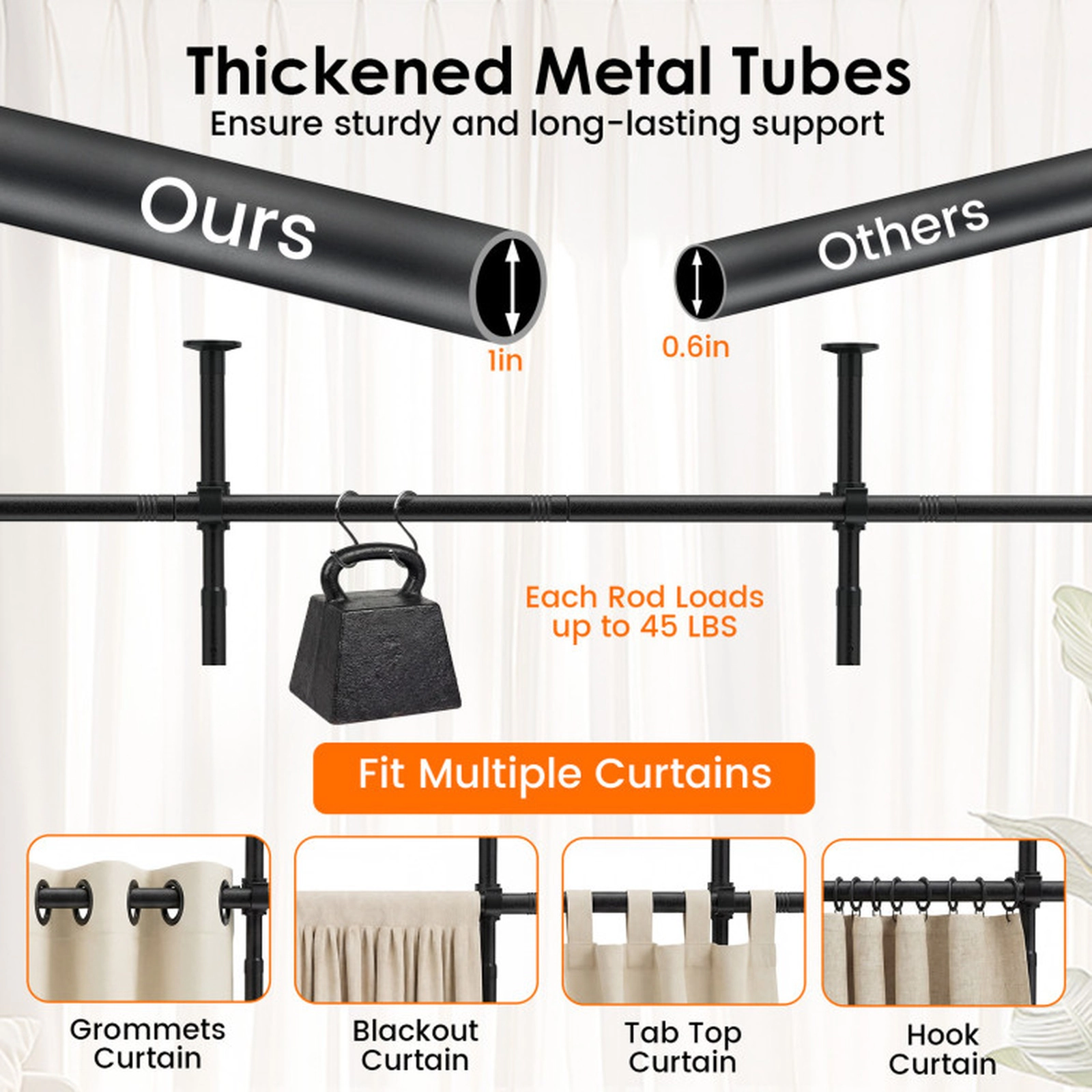 SUGIFT Black 45-lb Capacity No-Drill Floor to Ceiling Tension Room Divider Curtain Rod Adjustable 4 to 10 ft