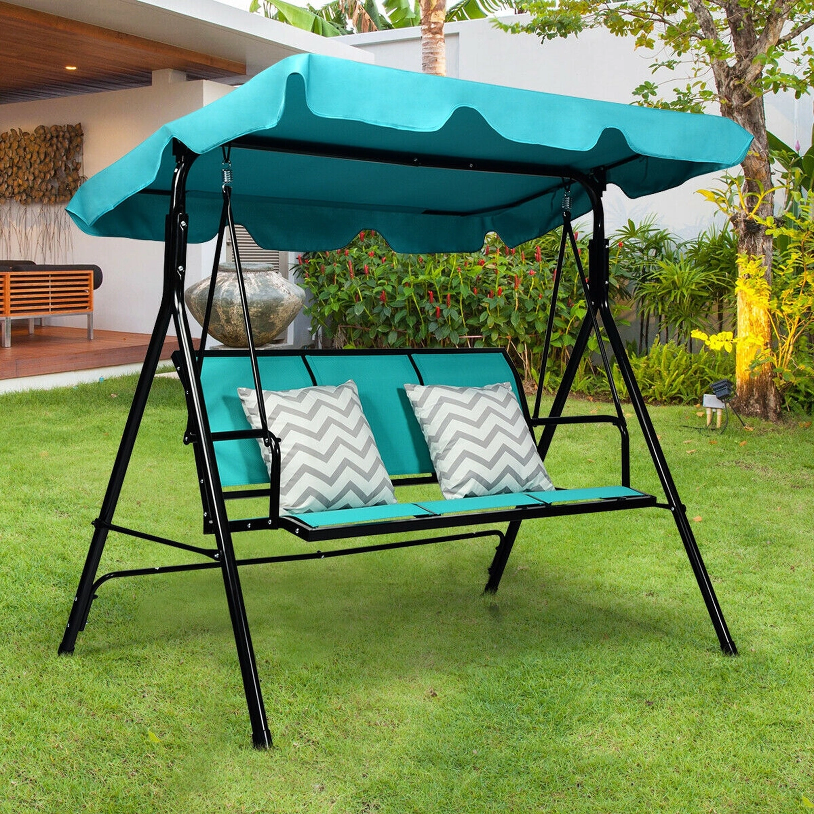 SUGIFT 3 Person Porch Swing Blue Outdoor Patio Swing Bench with Canopy and Steel Frame