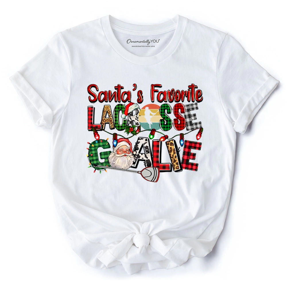 OrnamentallyYou Mens Santa's Favorite Lacrosse Goalie Plaid Christmas T-Shirt