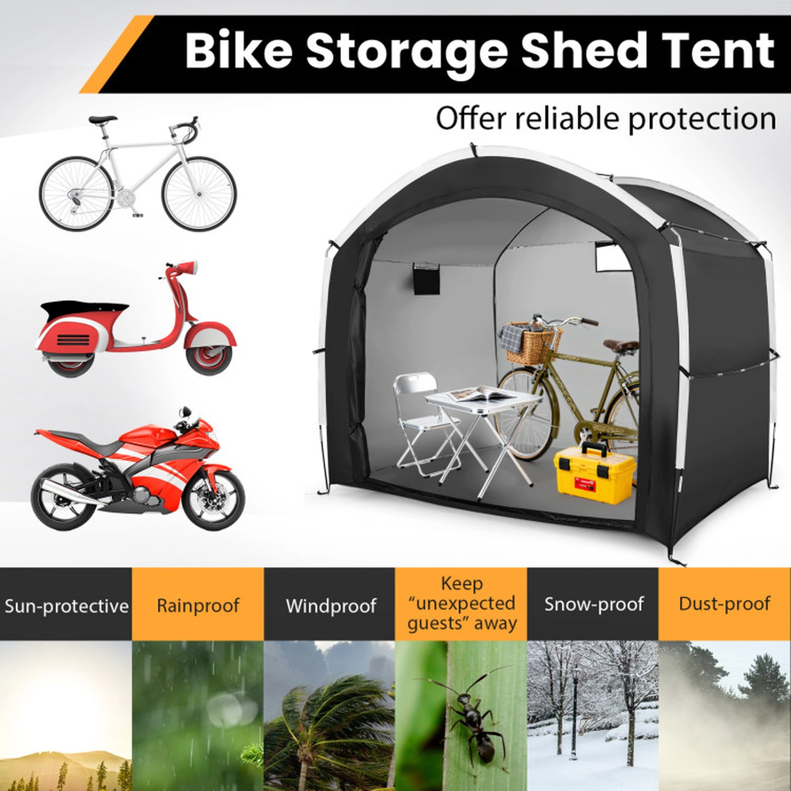 SUGIFT 5-Bike Waterproof 210D Oxford Fabric Fiberglass Frame Storage Shed Tent 86.5-in x 59-in x 73-in 11-lb Black
