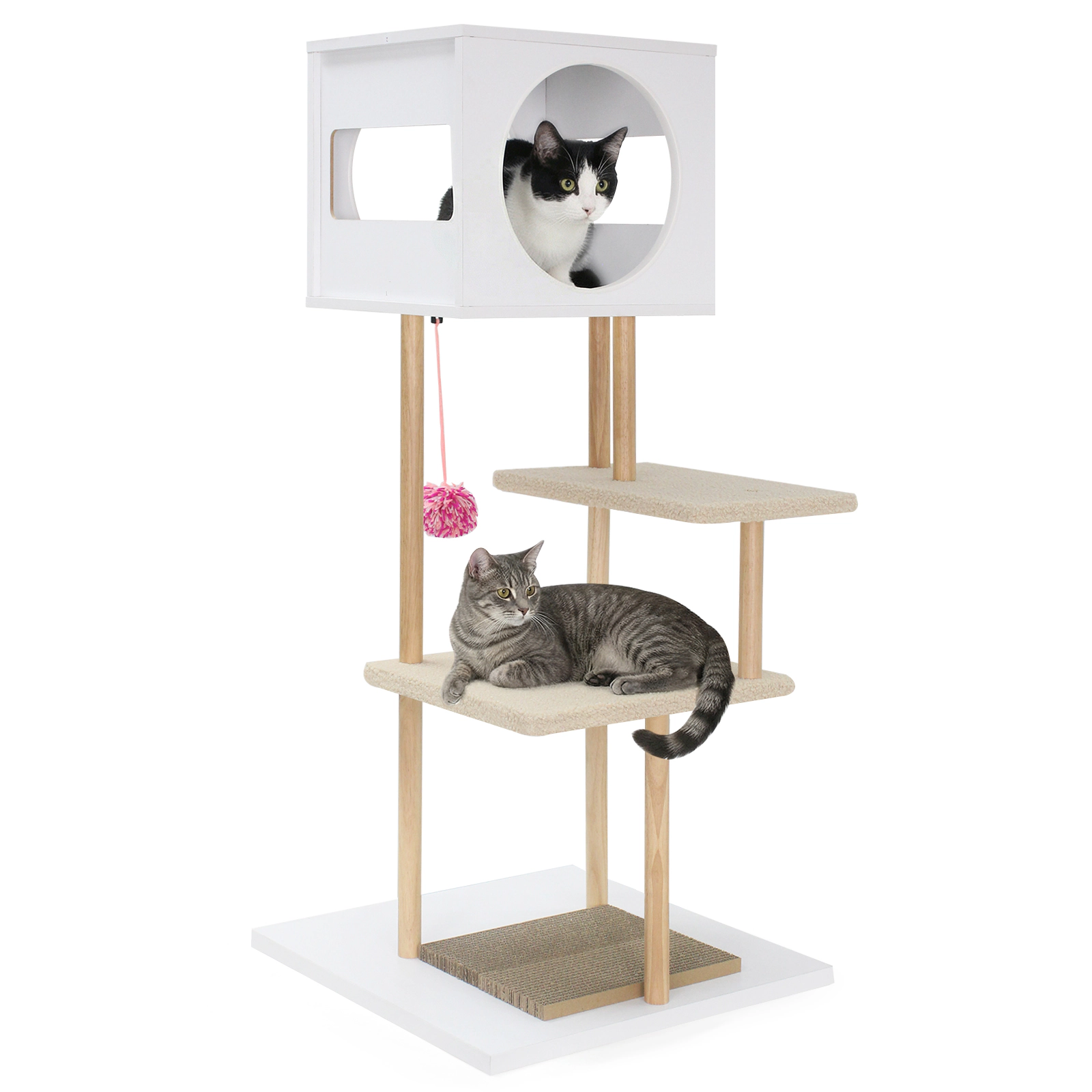 Glintex 40-Inch Rubber Wood Cat Tower with 2 Corrugated Cardboard Scratchers, White