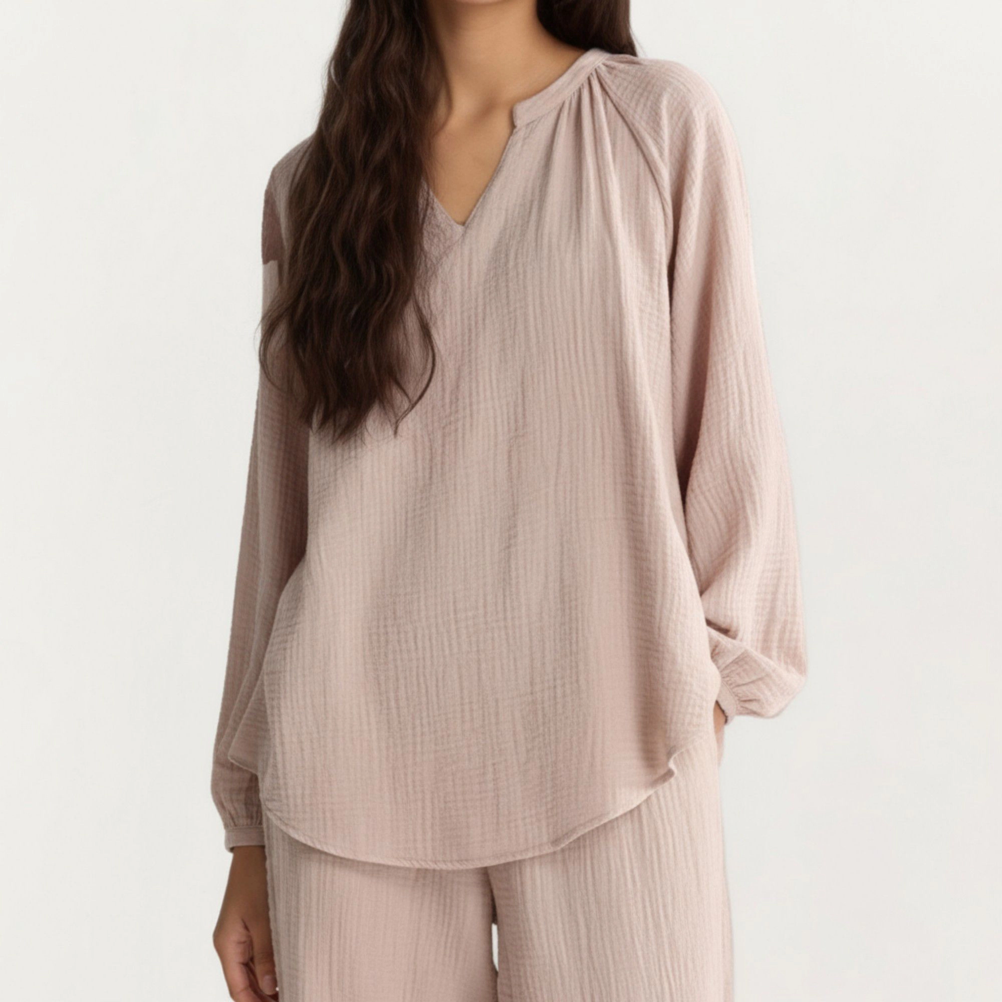 Anna-Kaci Women's 2-Piece Textured Long Sleeve V-Neck Top and Wide Leg Pants