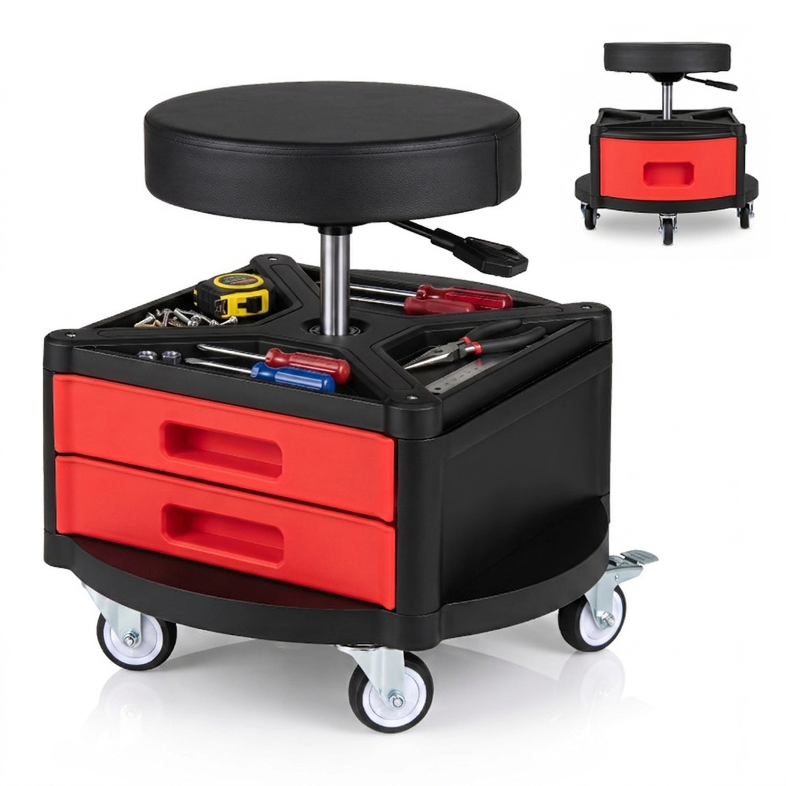SUGIFT 330-lb Capacity Adjustable Rolling Work Stool with Dual Tool Trays 3 Drawers and 5 Wheels