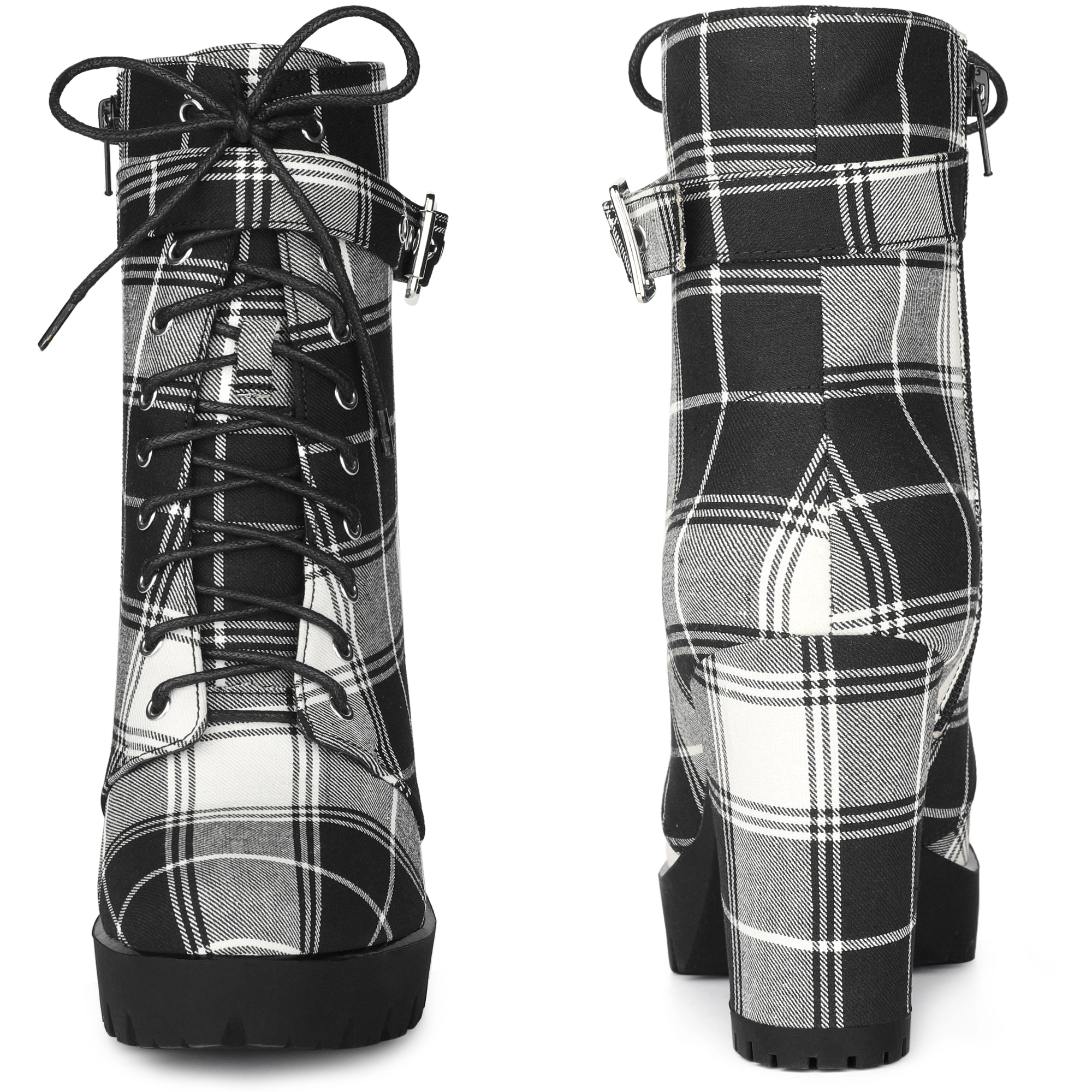 BLISSFUL STEP Women's Platform Lace Up Chunky Heel Plaid Combat Boots