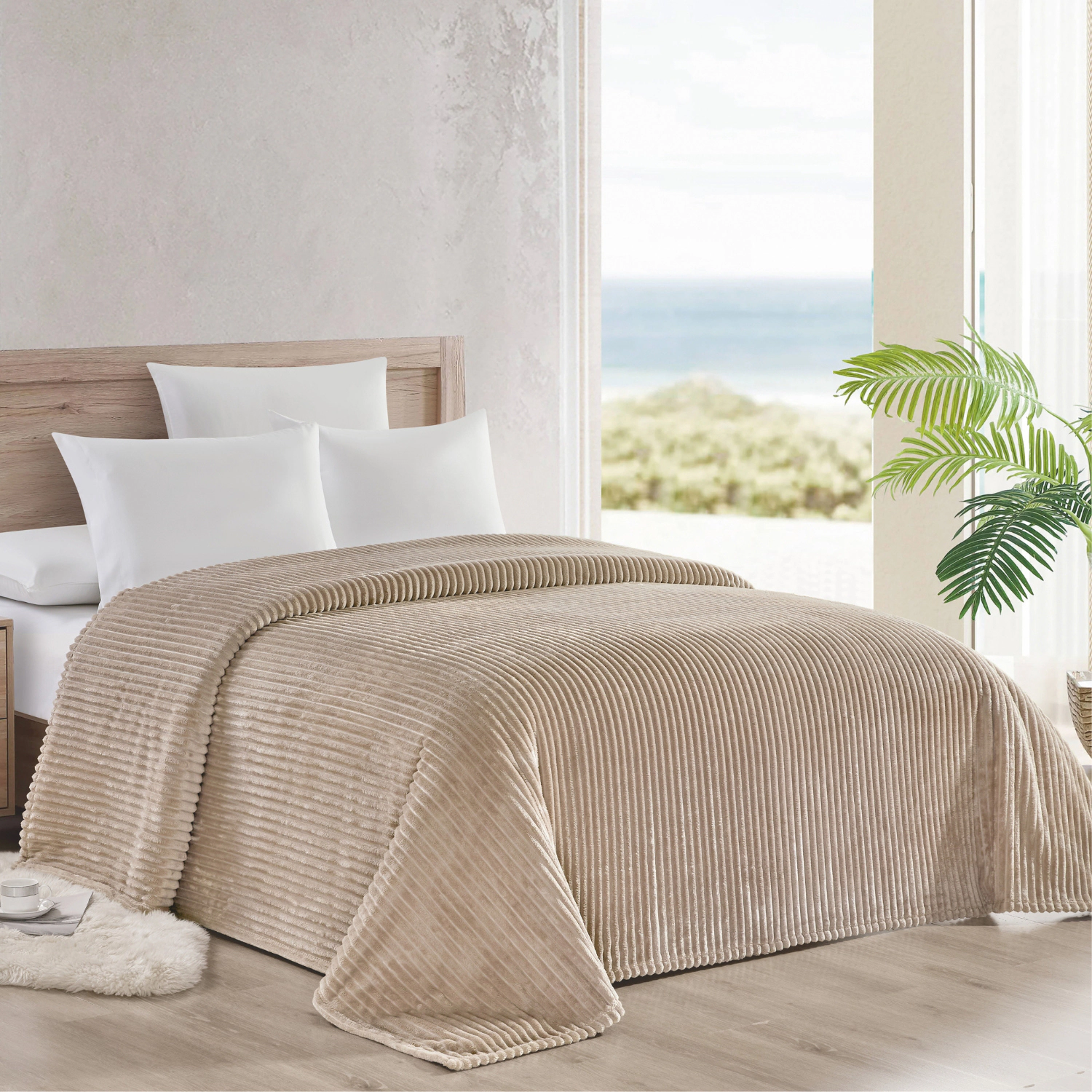 Plazatex Striata Lined Oversized All Season 100% Polyester Blanket King 108" x 90" Taupe
