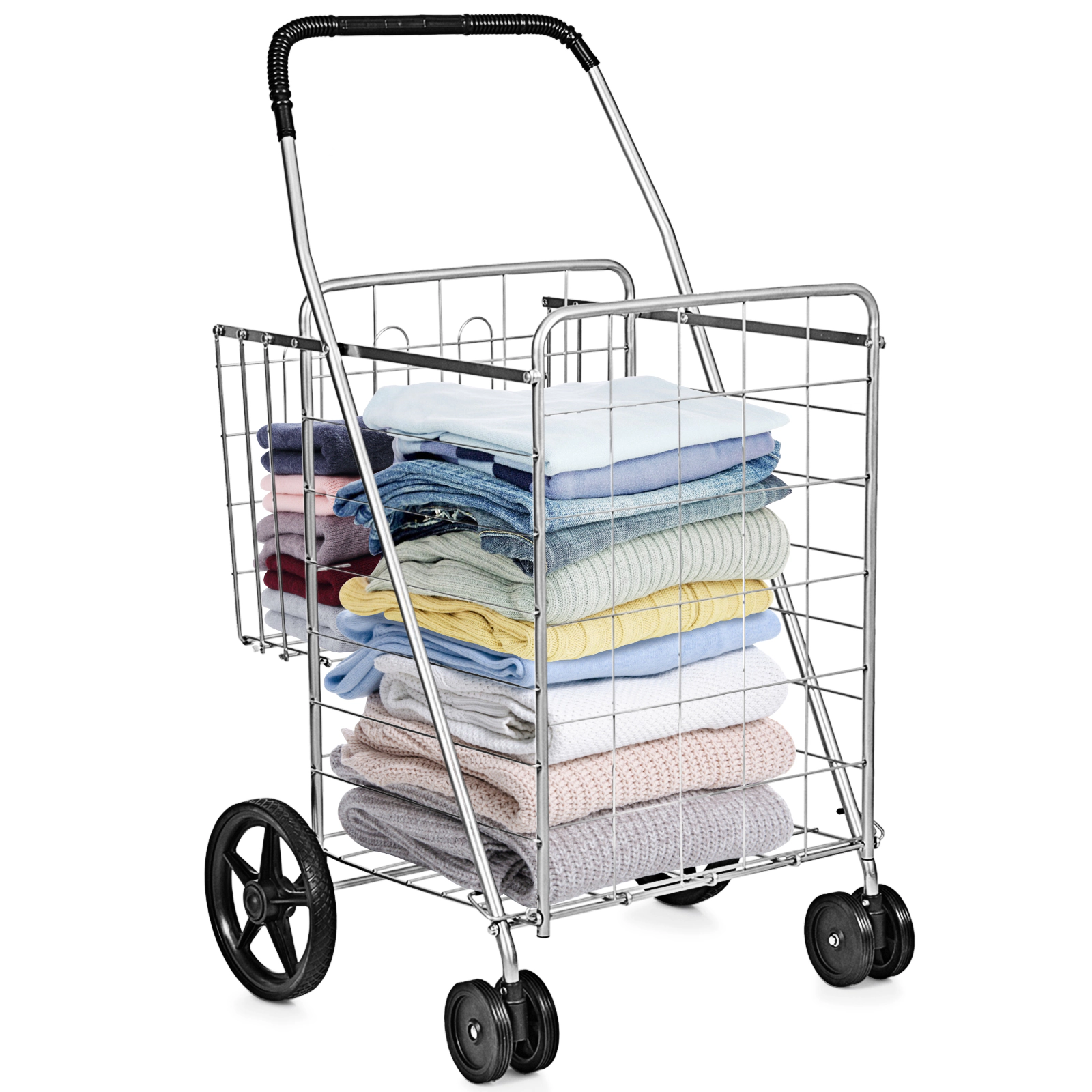 SUGIFT Folding Iron Shopping Cart for Laundry and Groceries with Swiveling Wheels 88-lb Capacity 40-in Tall Black