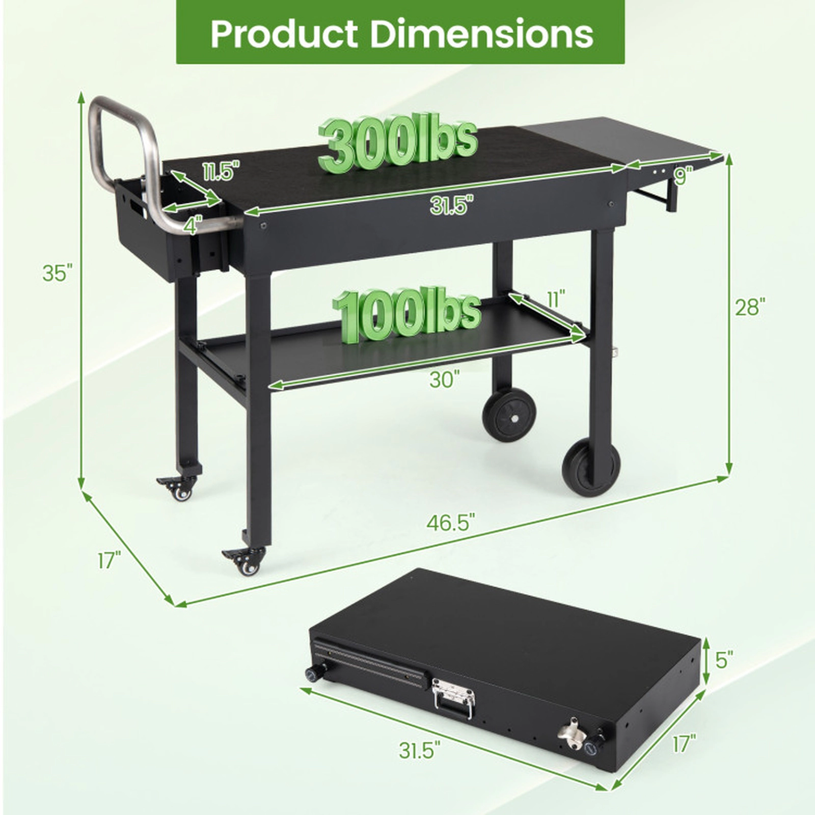 SUGIFT Foldable Outdoor Grill Cart Grilling Table 300-lb Capacity with Storage Shelf and Griddle Caddy Black