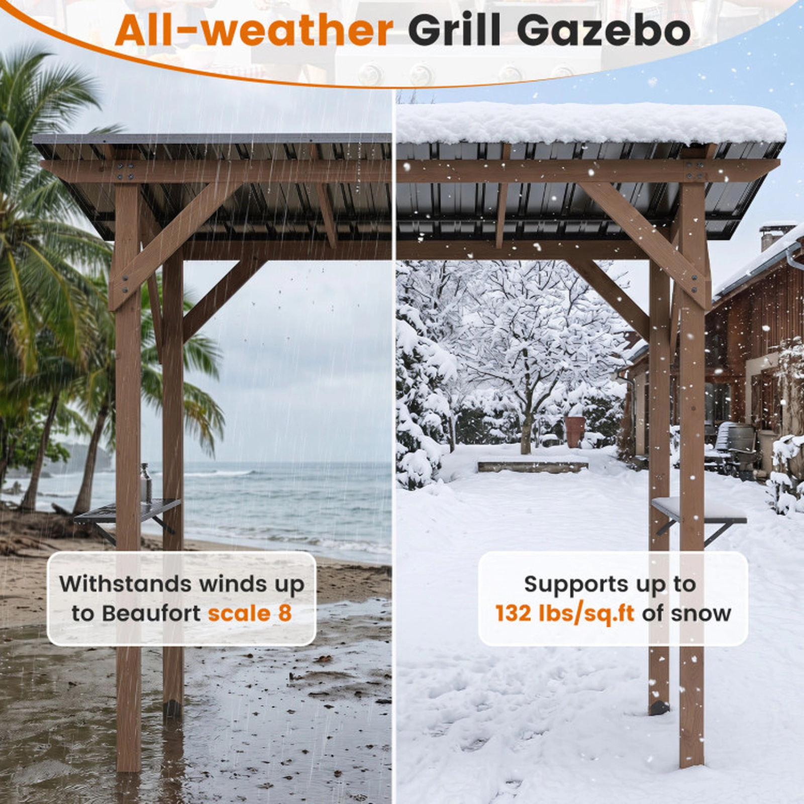 SUGIFT Brown 2 Side Serving Shelves 8.6 x 5 ft Cedar Wood Grill Gazebo BBQ Shelter