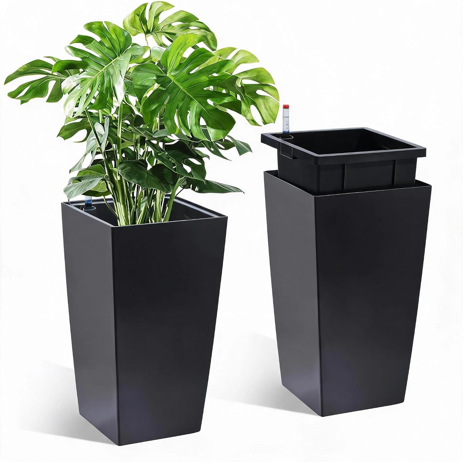 Set of 2 Planters 16" Tall, Self-Watering with Drainage & Water Level Monitor, Wheels, Indoor Outdoor