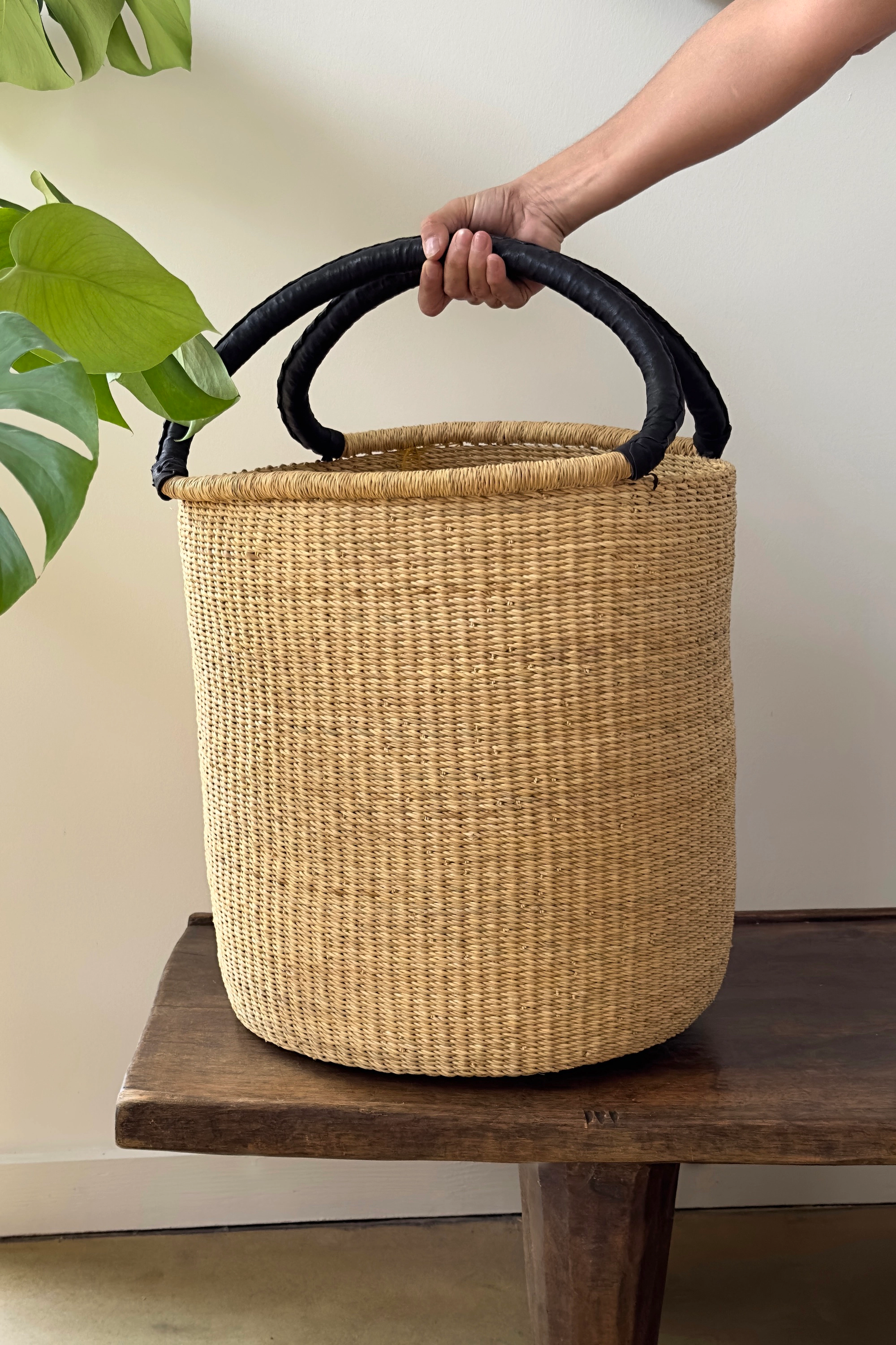 Mbare Handwoven Double Weave Hamper Basket with Leather Handles