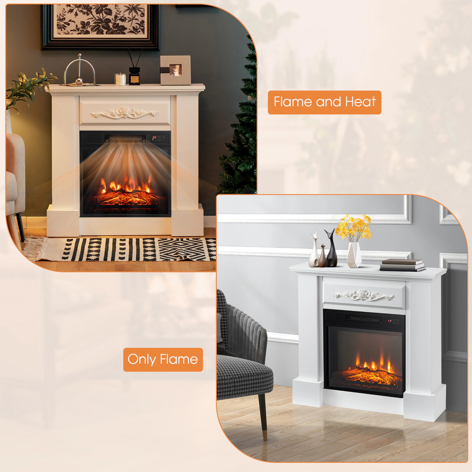 SUGIFT 1400W 4650-BTU White TV Stand Electric Fireplace Mantel with 3D Flame Effect and Anti-Tipping Device