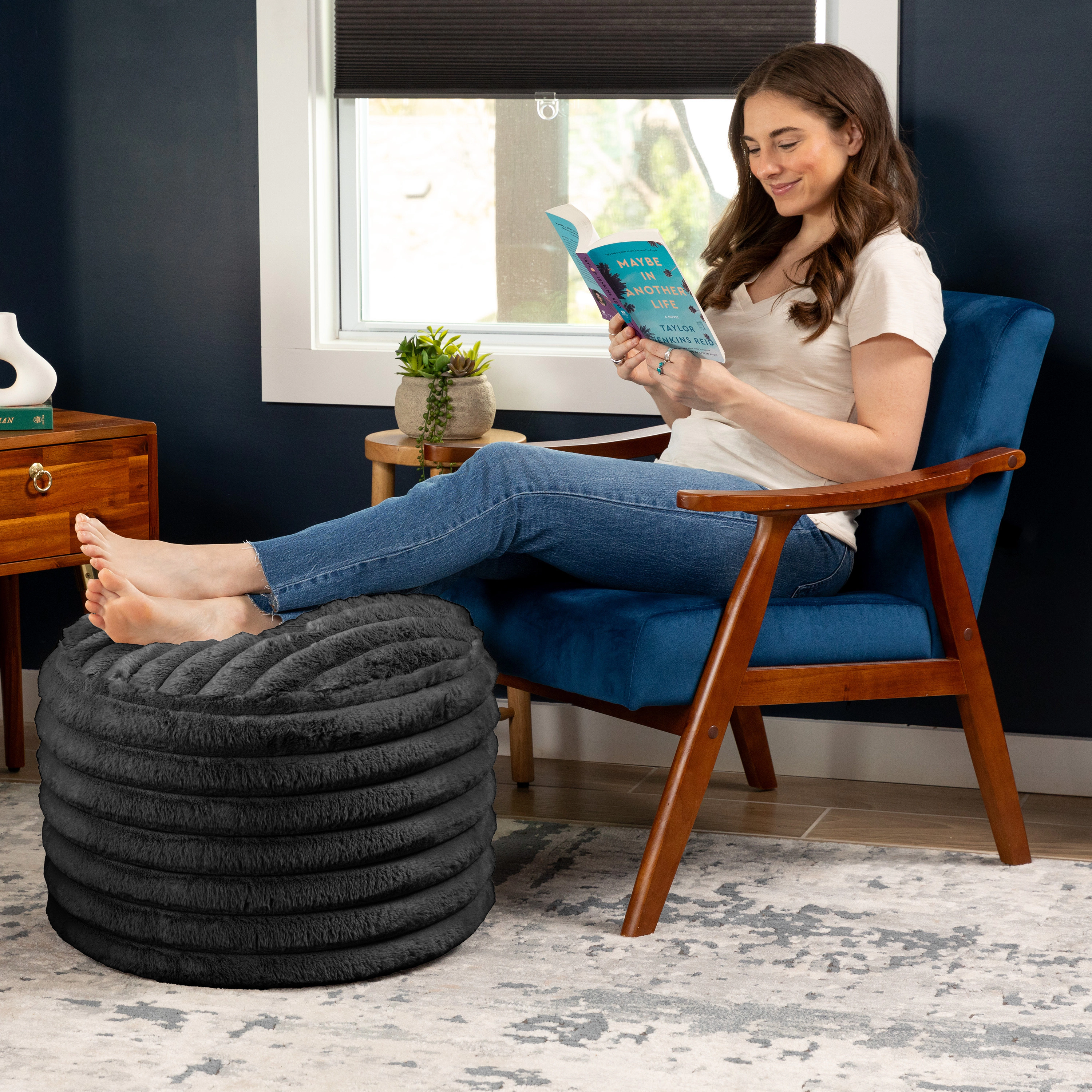 Jaxx Paran Accent Pouf - Fluffy Faux Fur Ottoman for Modern Interior Design, Regular