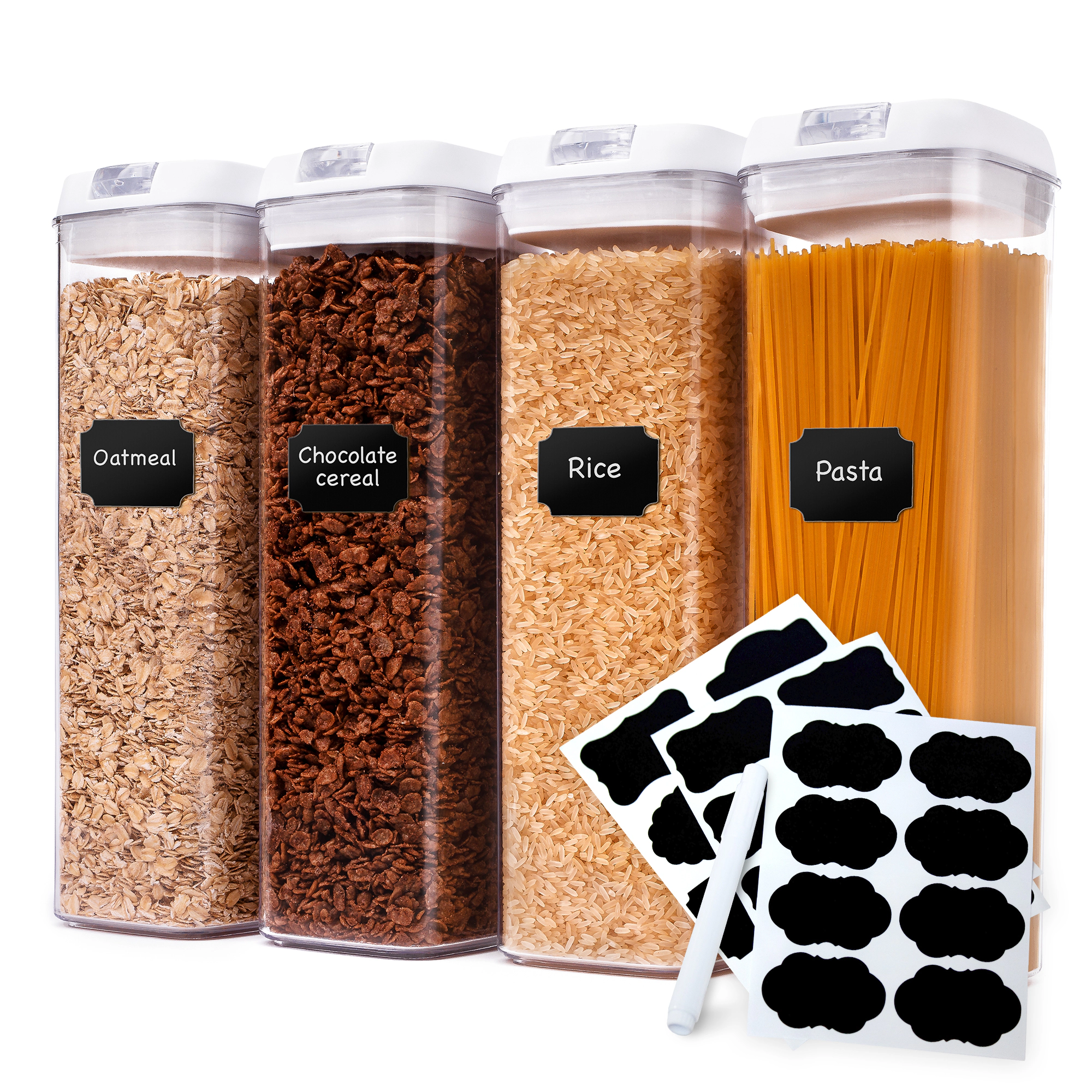 Cheer Collection 1.9-Liter White Airtight Pantry Food Storage Containers with Labels, 4-Pack