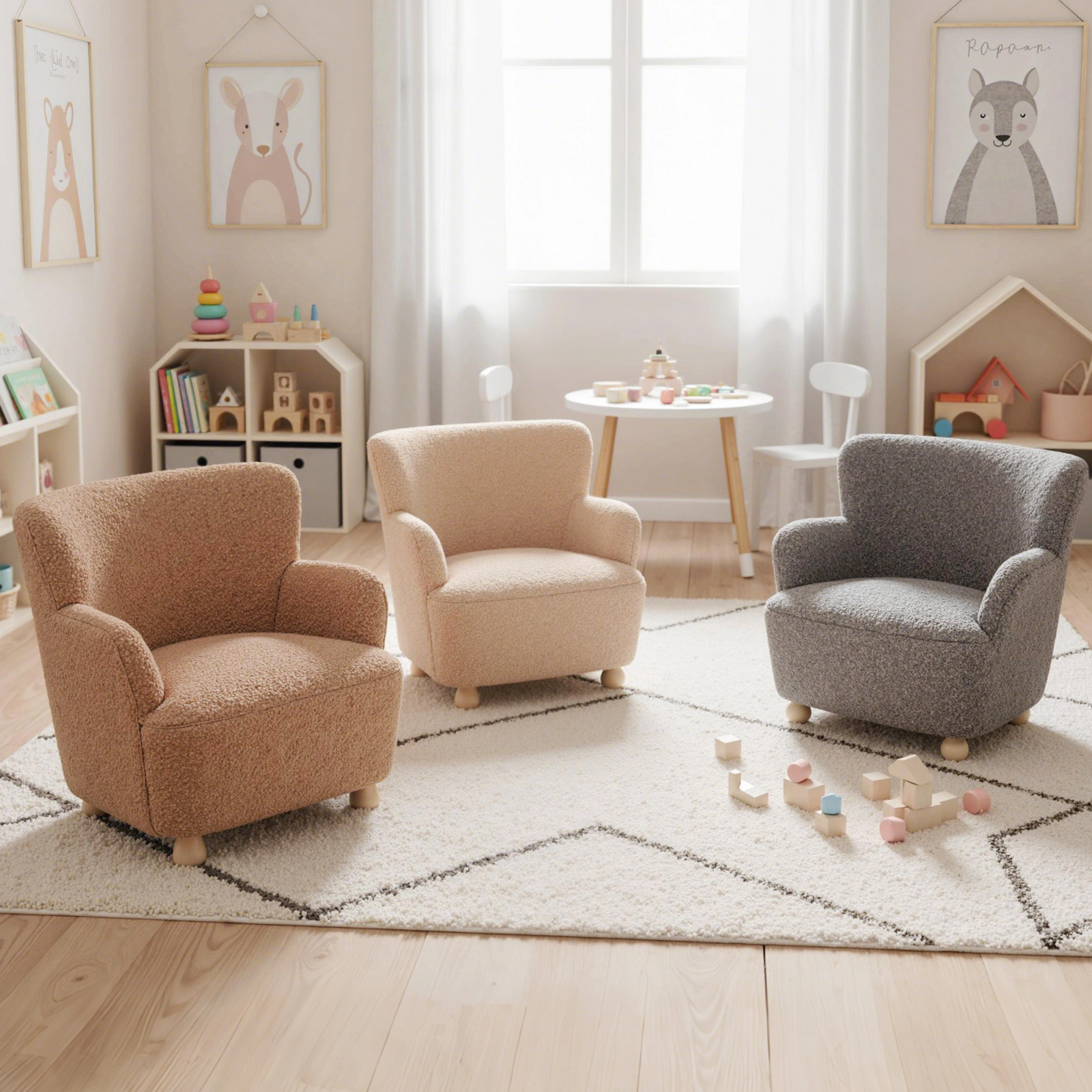 SUGIFT Light Pink Sherpa Kids Armchair with Rubber Wood Legs