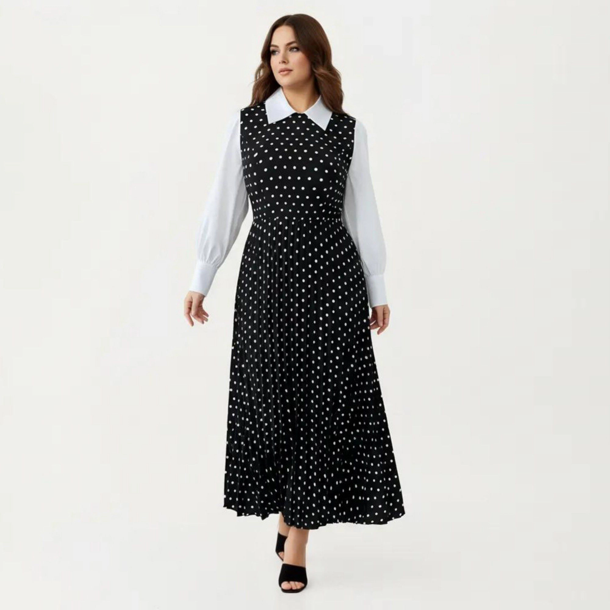 Anna-Kaci Women's Long Sleeve Polka Dot Collared Neck Contrast Detail Pleated Skirt Midi Dress