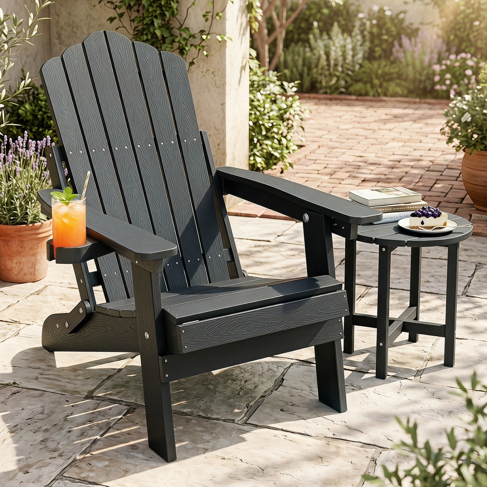 SUGIFT Black Folding Adirondack Lounge Chair, Reclines to 135 Degrees with Swivel Cup Holder