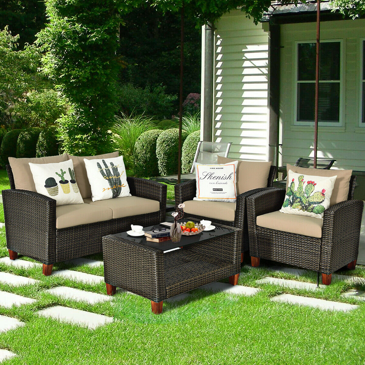 Hivvago 4 Pieces Patio Rattan Furniture Set With Cushions