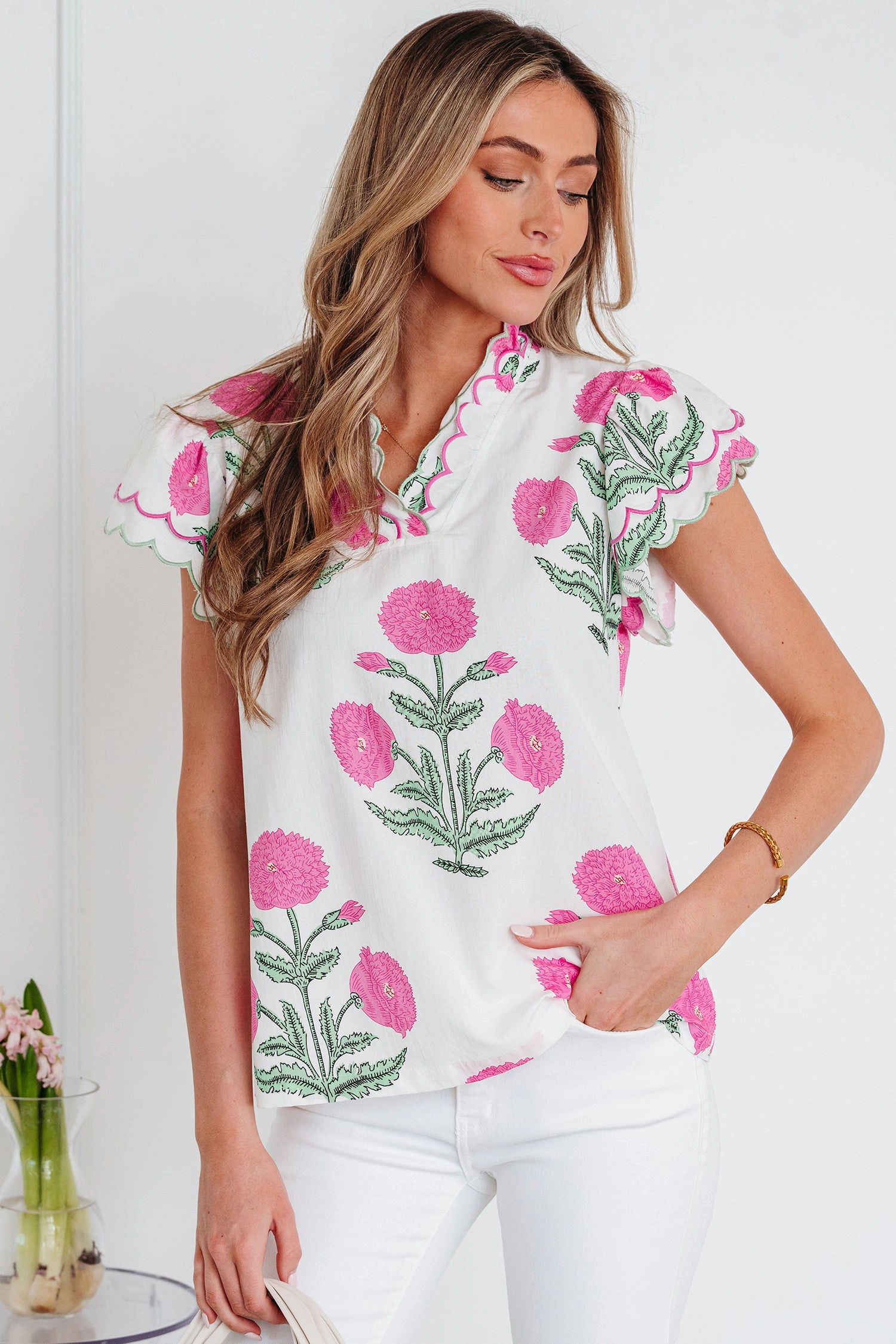 Threaded Pear Women's Mariah Detail Short Sleeve Blouse