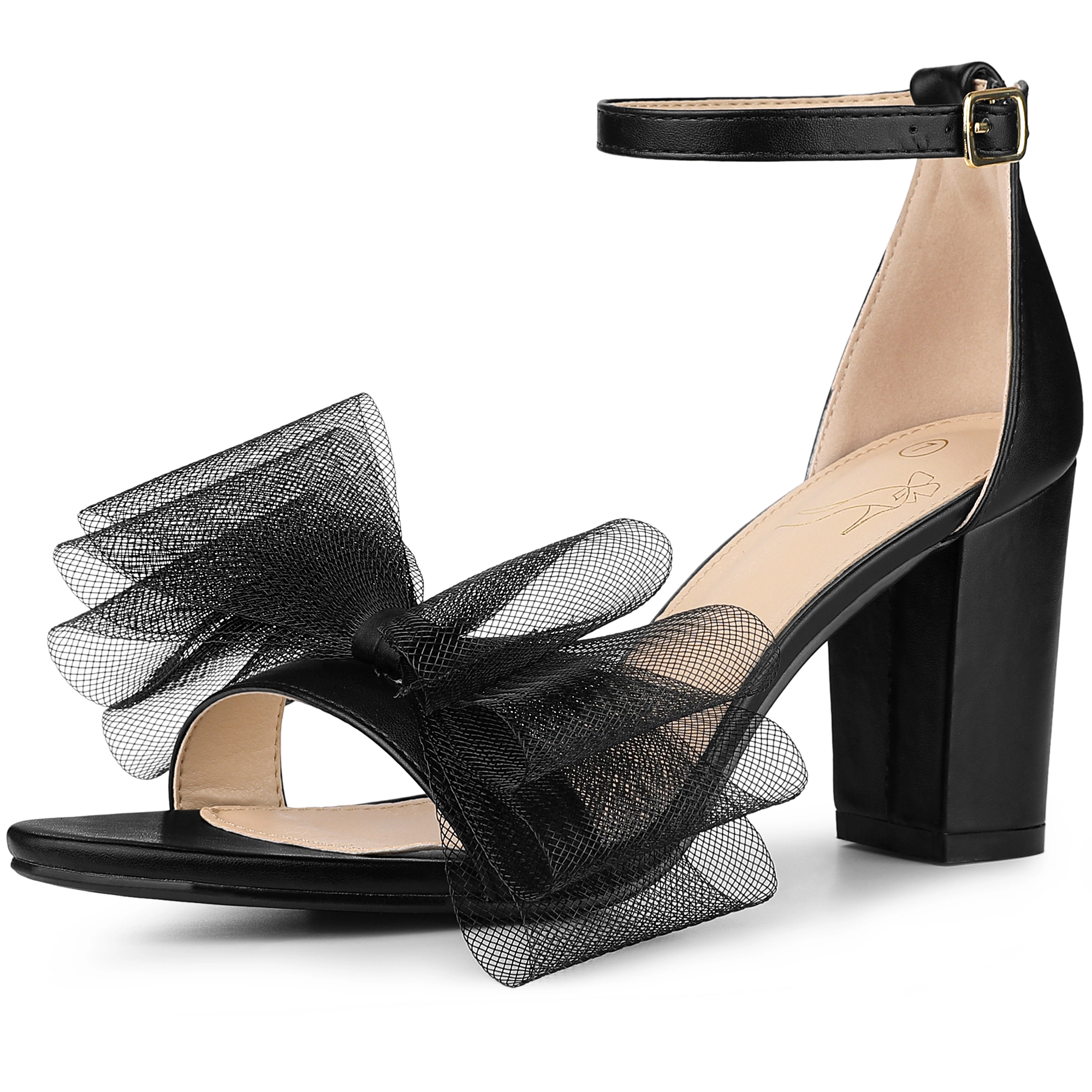 BLISSFUL STEP Women Faux Leather Bow Tie Ankle Strap Chunky High Heels Sandals