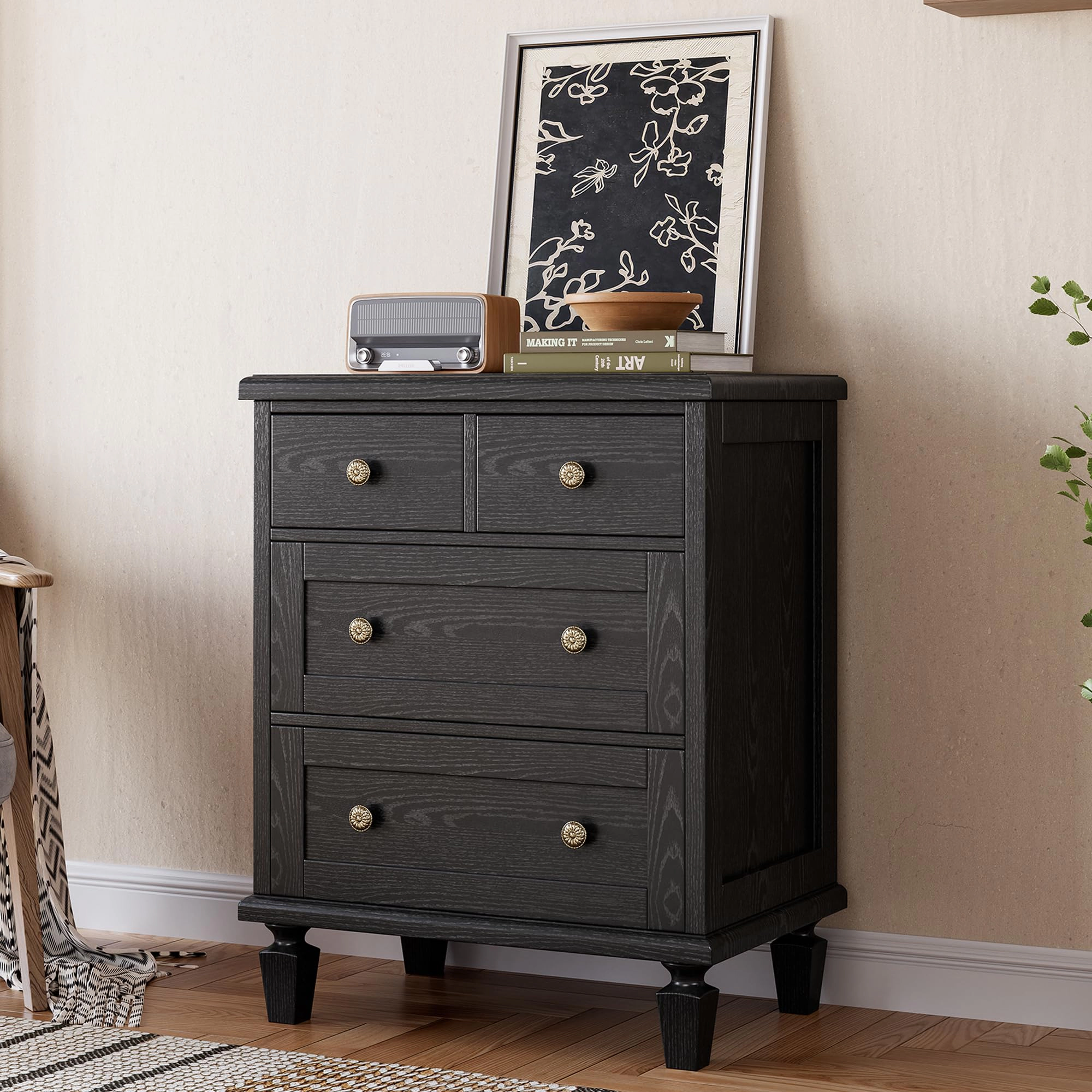 30" Tall Vintage 4 Drawer Wood Dresser with Carved Handles & Tapered Legs for Bedroom