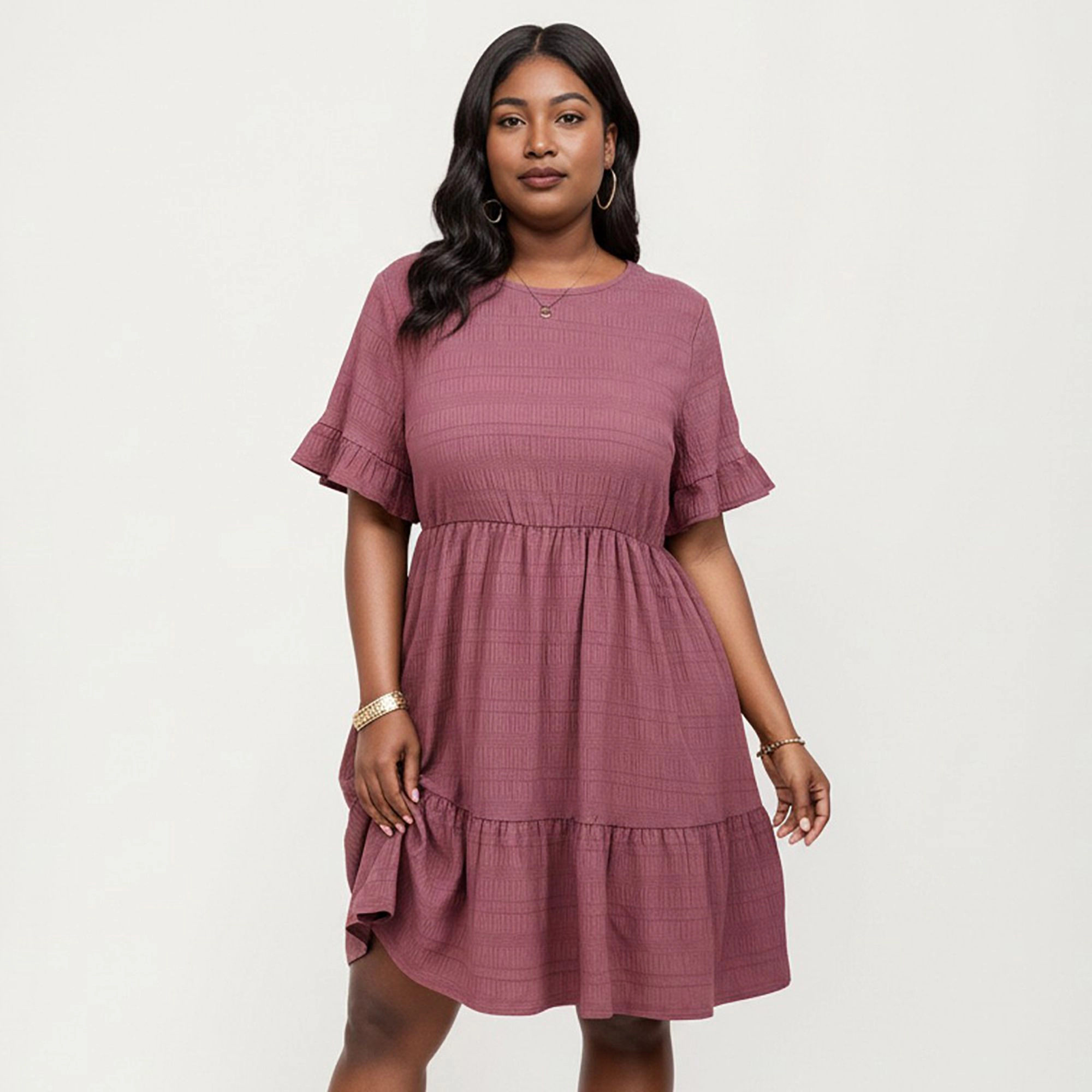 Anna-Kaci Women's Plus Short Sleeve Textured Crew Neck Tiered Skirt Ruffle Detail Dress
