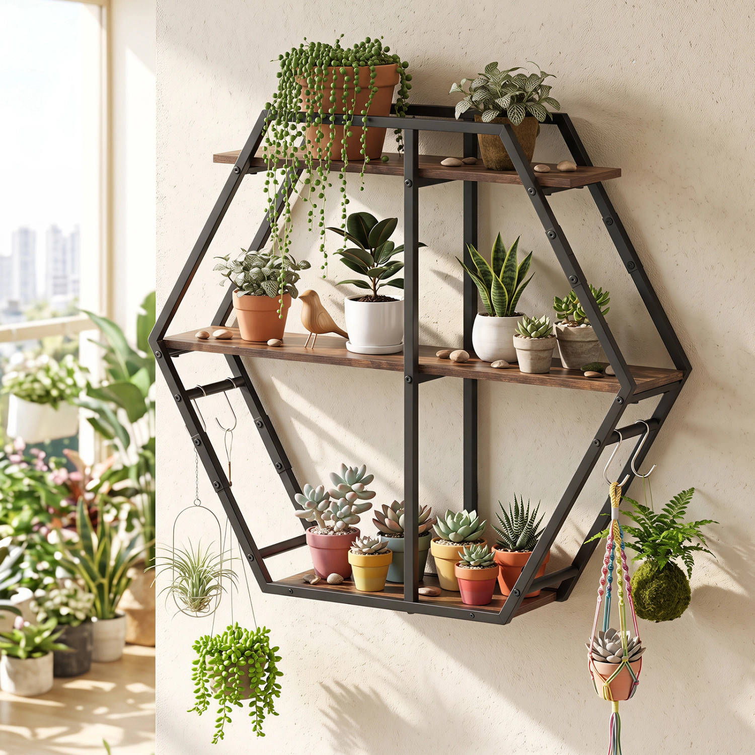 LJG 3-Tier Geometric Bookcase with S-Shaped Hooks for Living Room