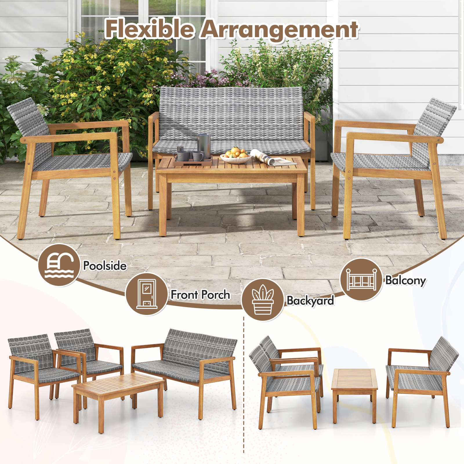 SUGIFT 4-Piece Gray PE Rattan Patio Conversation Set with Loveseat, 2 Armchairs and Acacia Table