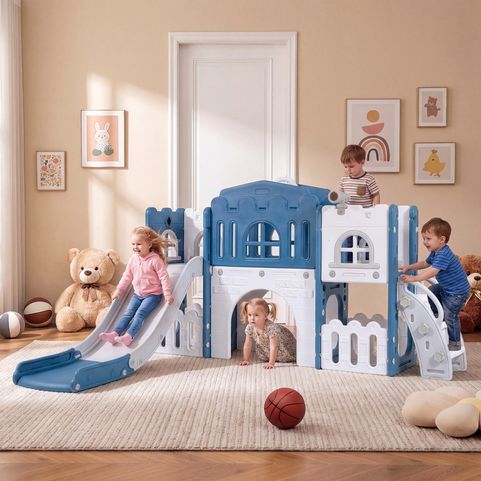 SUGIFT Toddler Blue All-in-1 Slide Playset with Tunnel and Basketball Hoop 70-in W 40.5-in H 110-lb Child Capacity
