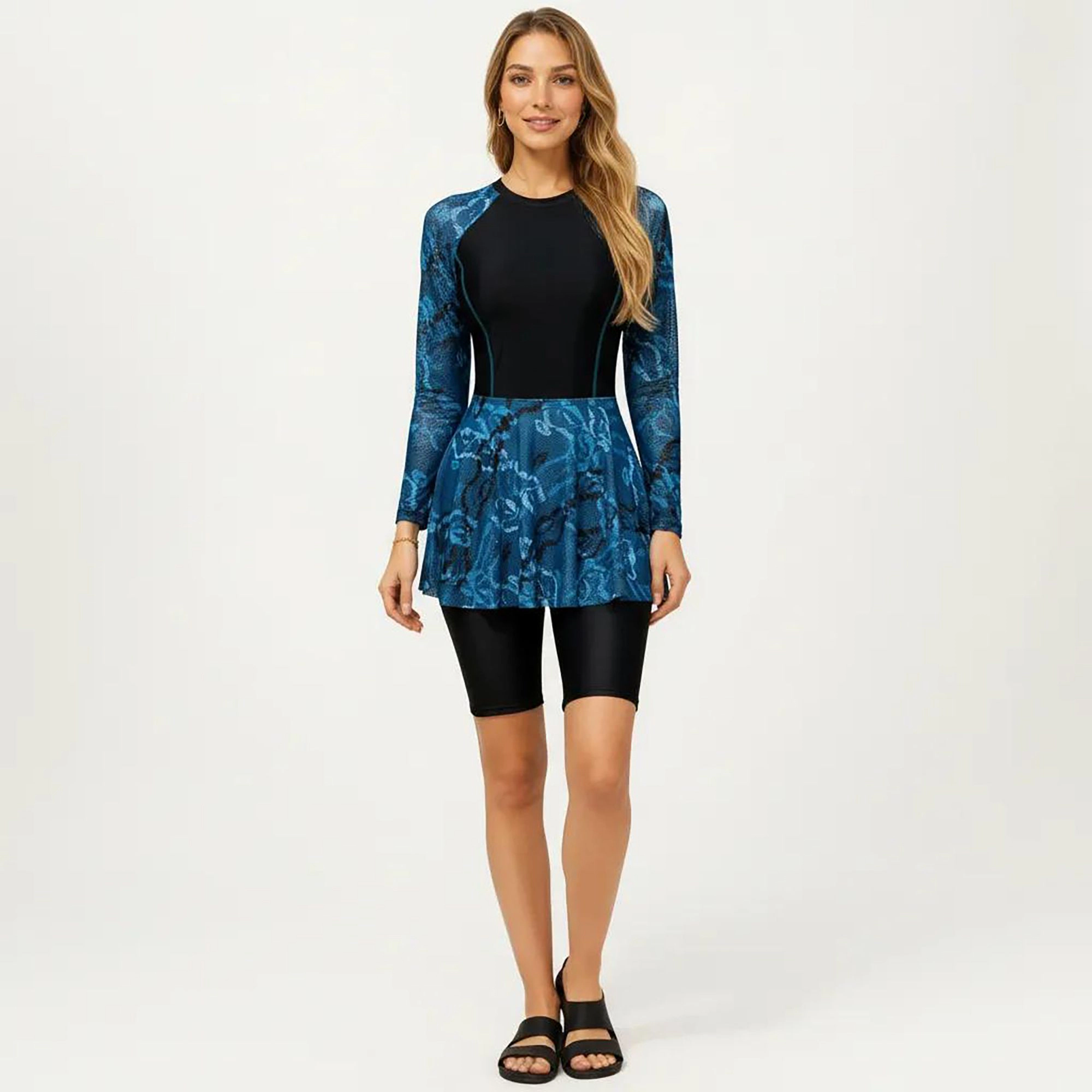 Anna-Kaci Women's 2-Piece Long Sleeve Swim Set with Printed Peplum Top and Bike Shorts