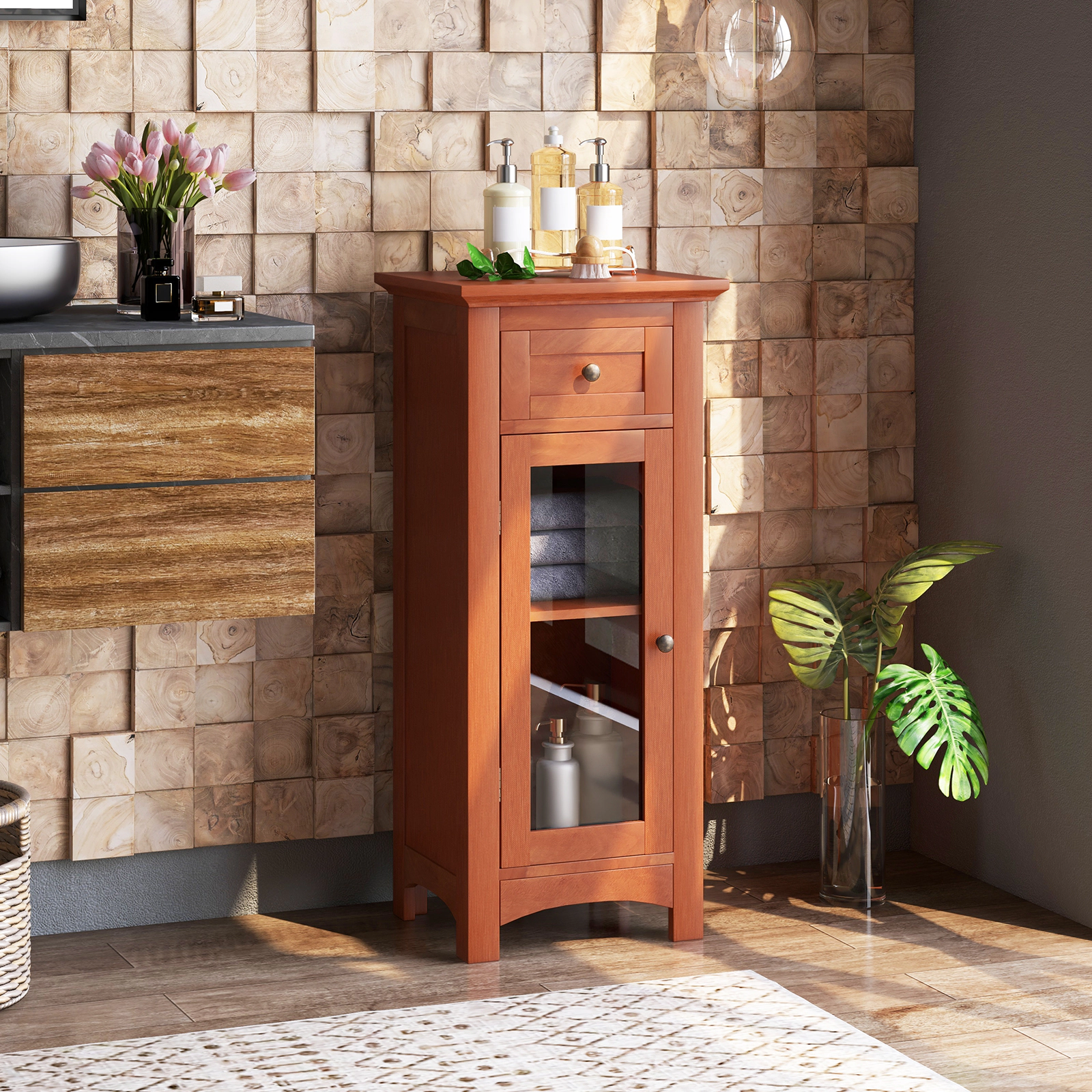 Slickblue Bathroom Floor Storage Cabinet Brown MDF Glass Door Drawer Adjustable Shelf