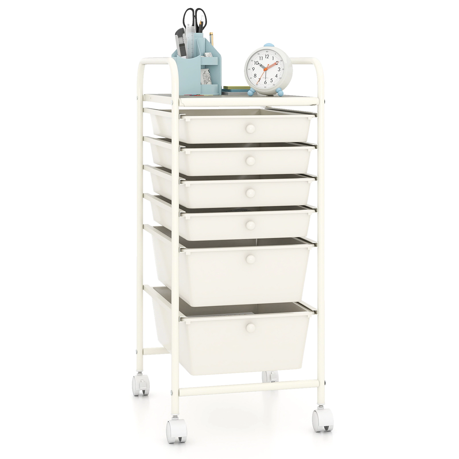 SUGIFT White 6-Drawer Rolling Storage Cart with Steel Frame and Braked Wheels 17-in W 13.5-in D 30-in H