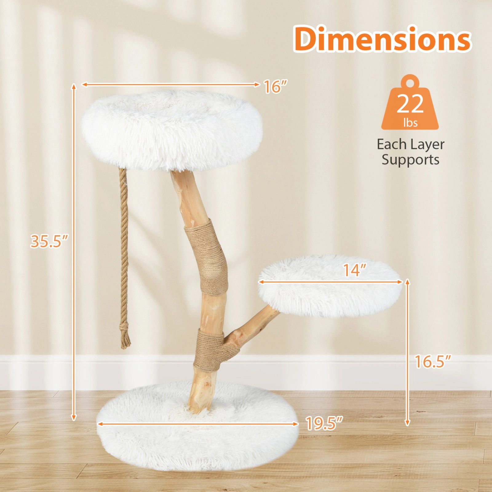 SUGIFT 35.5-in Tall Modern Wooden Cat Tree with 16-in Top Perch Jute Scratching Posts and Anti-Tip Device