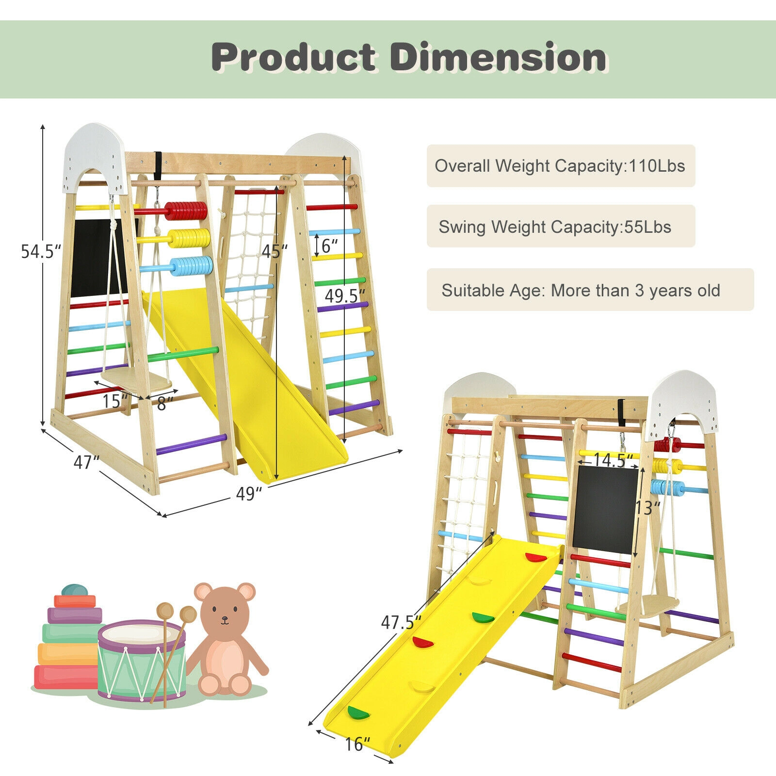 LJG Indoor Playground Climbing Gym Wooden 8-in-1 Climber Playset for Children