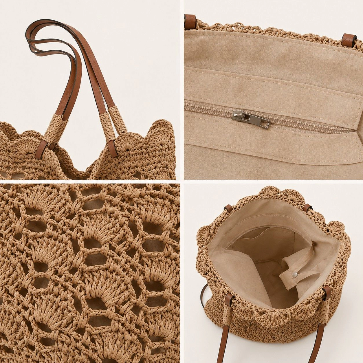 Alilang Women's Crochet Woven Shoulder Bag with Zip Closure and Scalloped Bucket Shape, Khaki