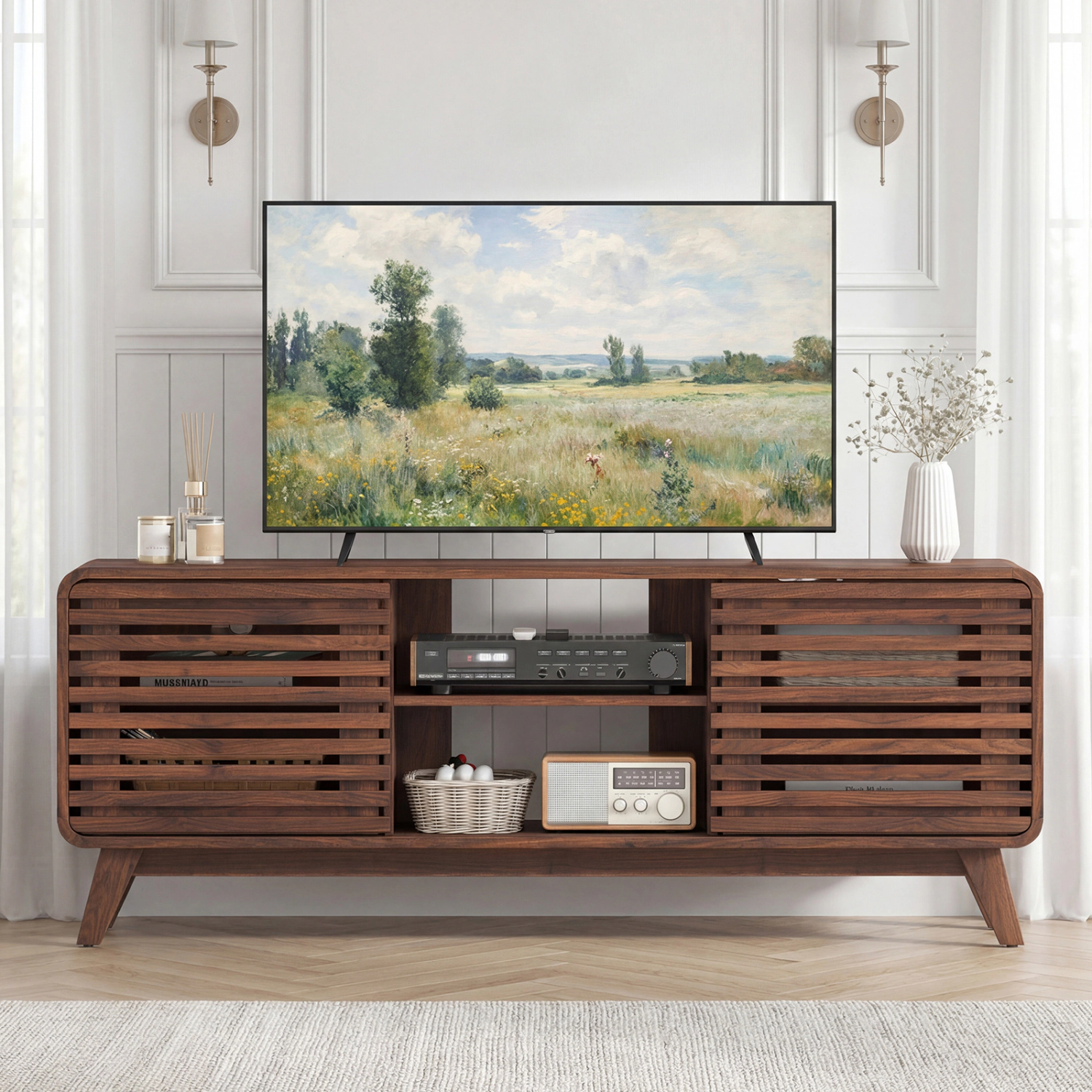 LJG Mid Century Modern Entertainment Center with Grille-Style Sliding Doors for Living Room