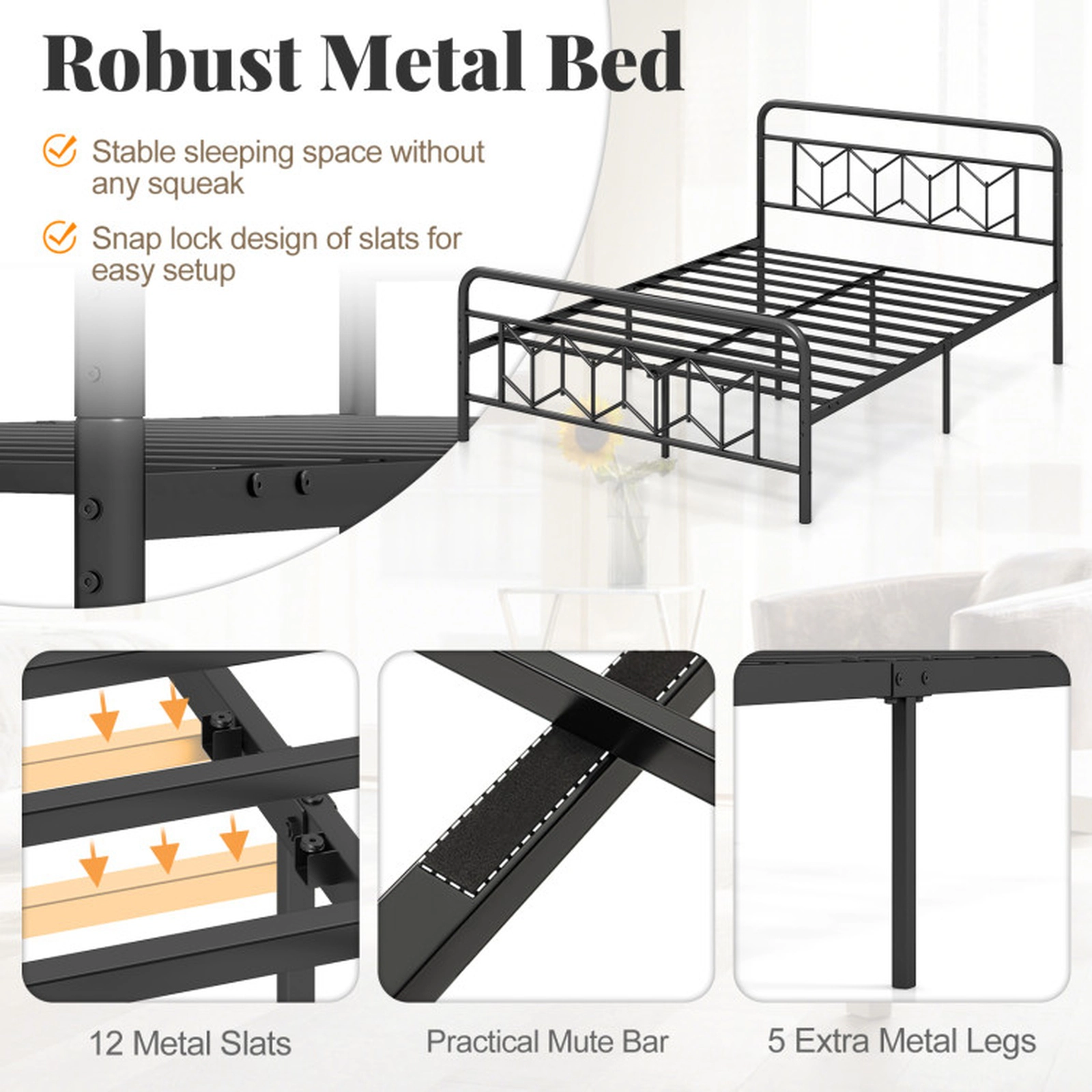 SUGIFT Black High Headboard and Snap Lock Slats Queen Size Metal Platform Bed